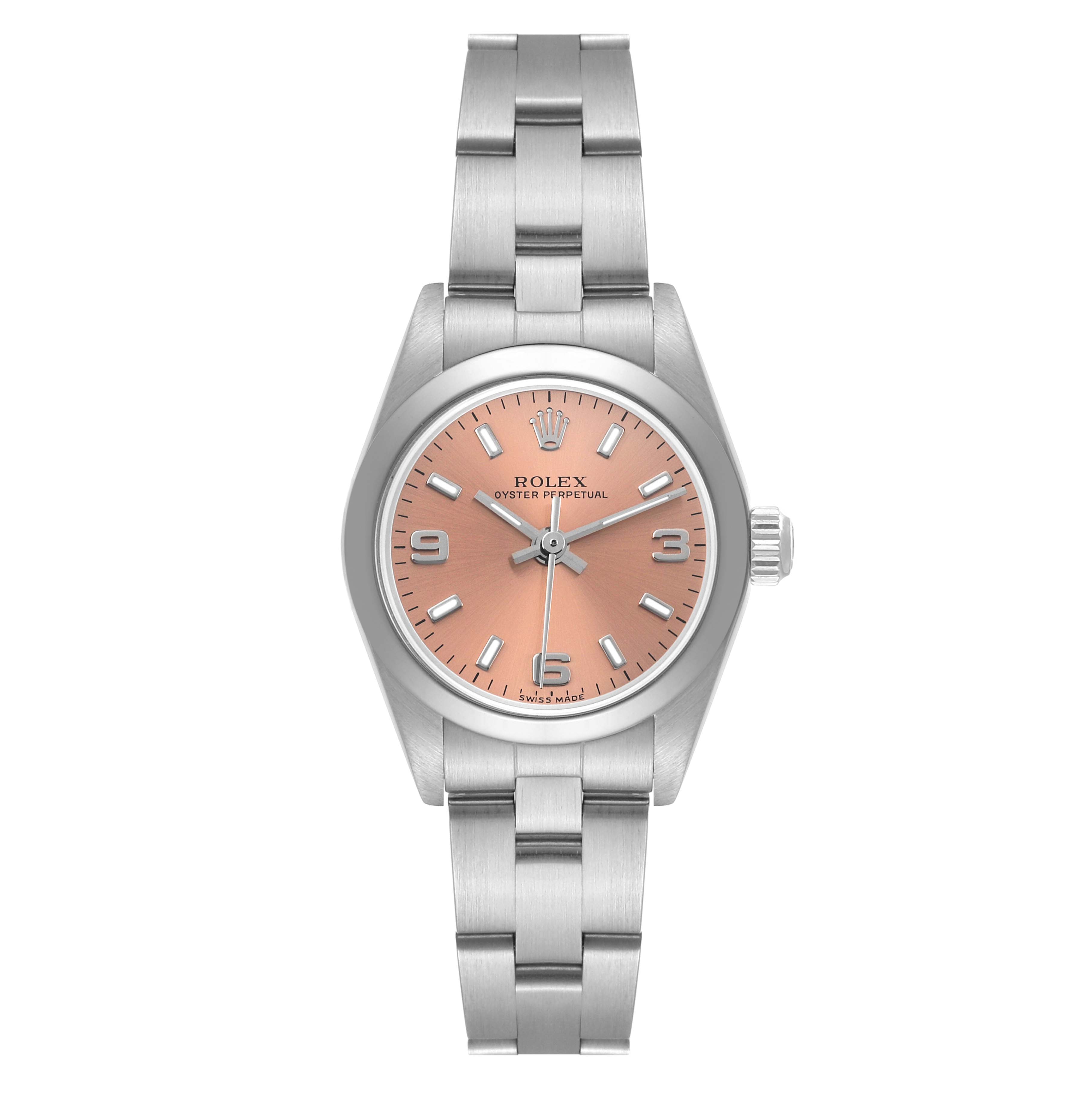 The Rolex Oyster Perpetual 76080 Women
s Stainless Steel Pink Dial 76080 Women
s Stainless Steel Pink Dial watch is shown from a front angle, highlighting its face, bezel, and bracelet.