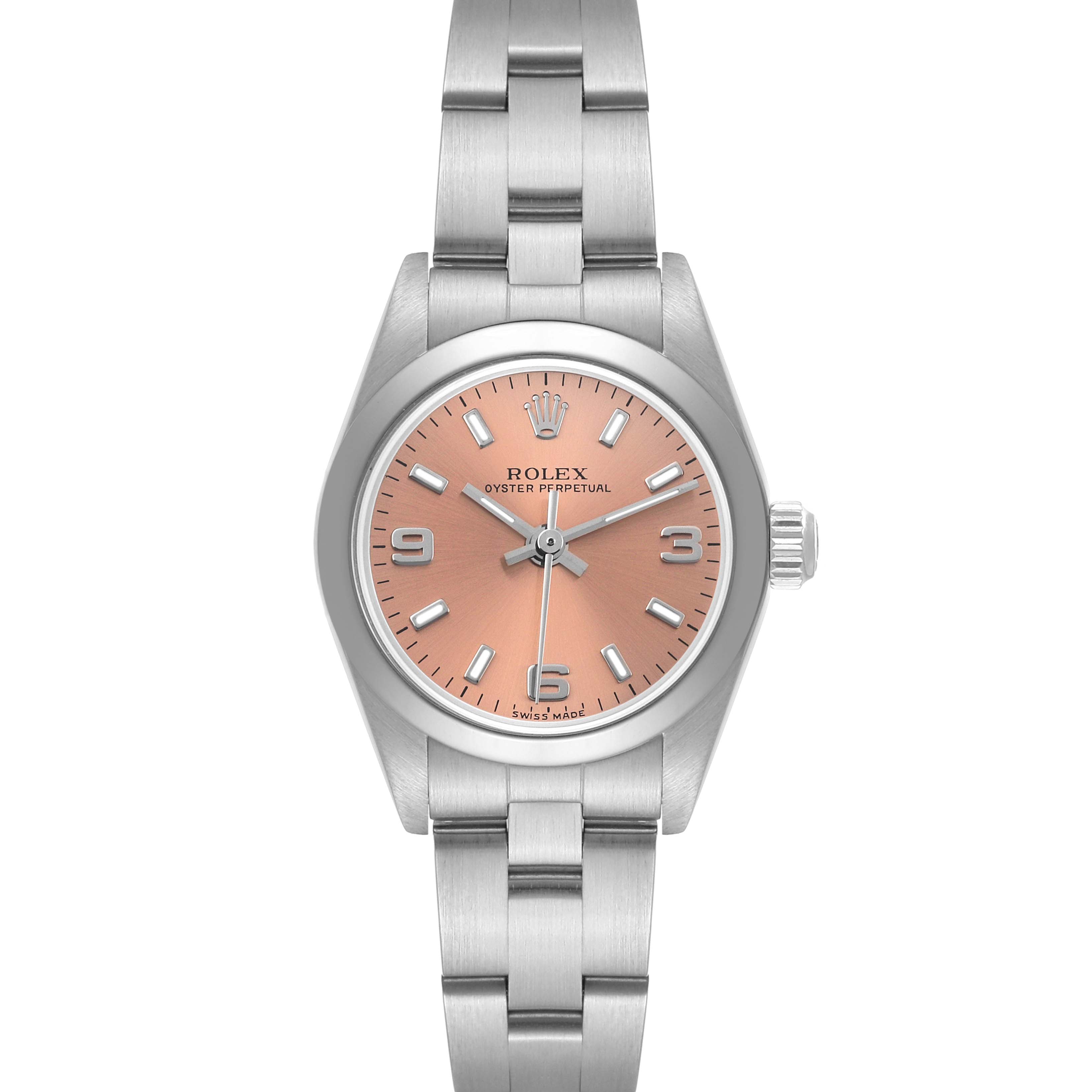 The image shows a front-facing view of the Rolex Oyster Perpetual 76080 Women
s Stainless Steel Pink Dial 76080 Women
s Stainless Steel Pink Dial watch, highlighting its pink dial and stainless steel bracelet.