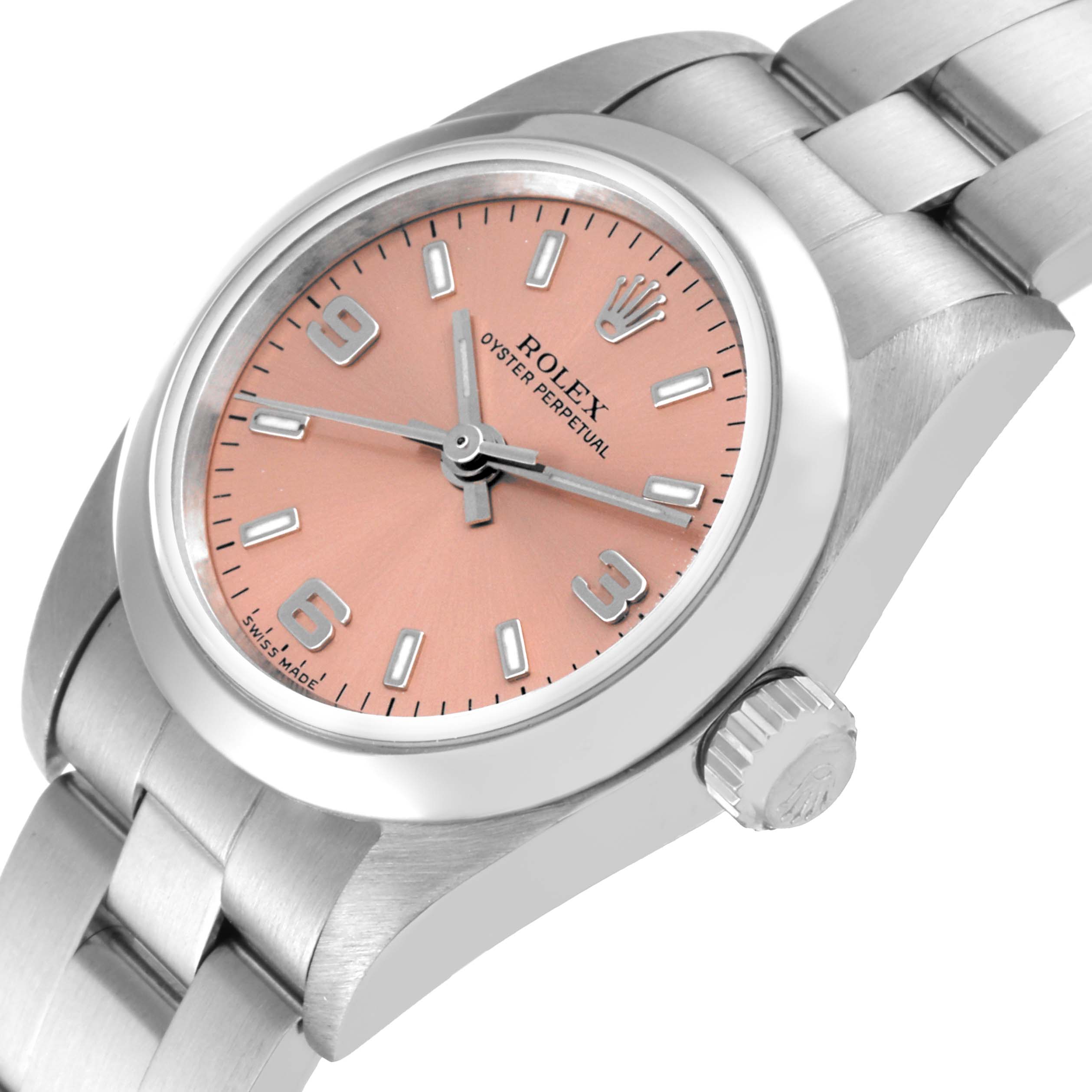 The image shows a Rolex Oyster Perpetual 76080 Women
s Stainless Steel Pink Dial 76080 Women
s Stainless Steel Pink Dial watch at a slight angle, displaying the dial, case, crown, and part of the bracelet.