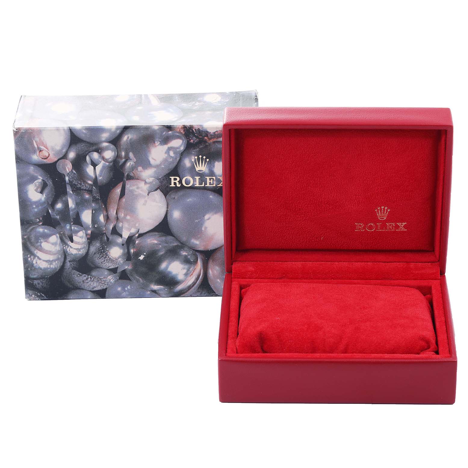 The image shows the packaging and display box for the Rolex Oyster Perpetual 67193 Women
s Steel and Gold (two tone) Champagne Dial 67193 Women
s Steel and Gold (two tone) Champagne Dial watch, with the inner box open and the outer box behind.