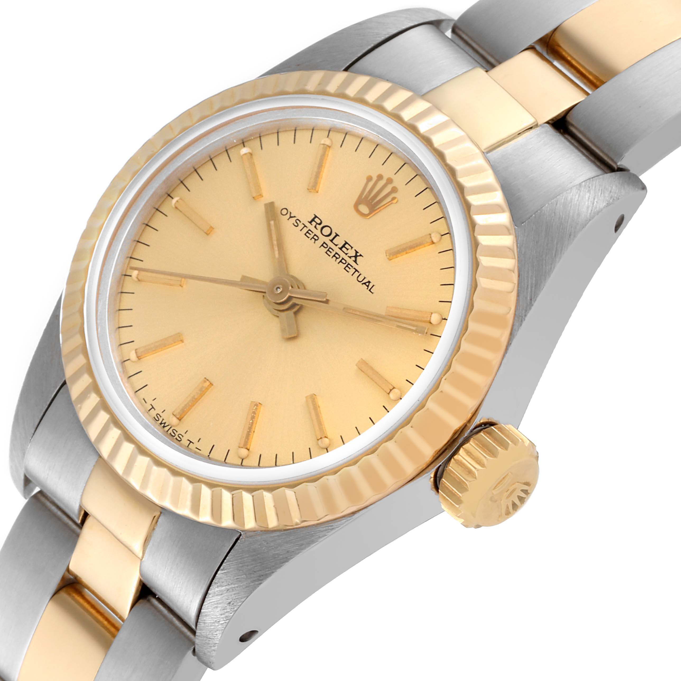 The image shows a close-up of a Rolex Oyster Perpetual 67193 Women
s Steel and Gold (two tone) Champagne Dial 67193 Women
s Steel and Gold (two tone) Champagne Dial watch, highlighting the dial, case, fluted bezel, and bracelet.