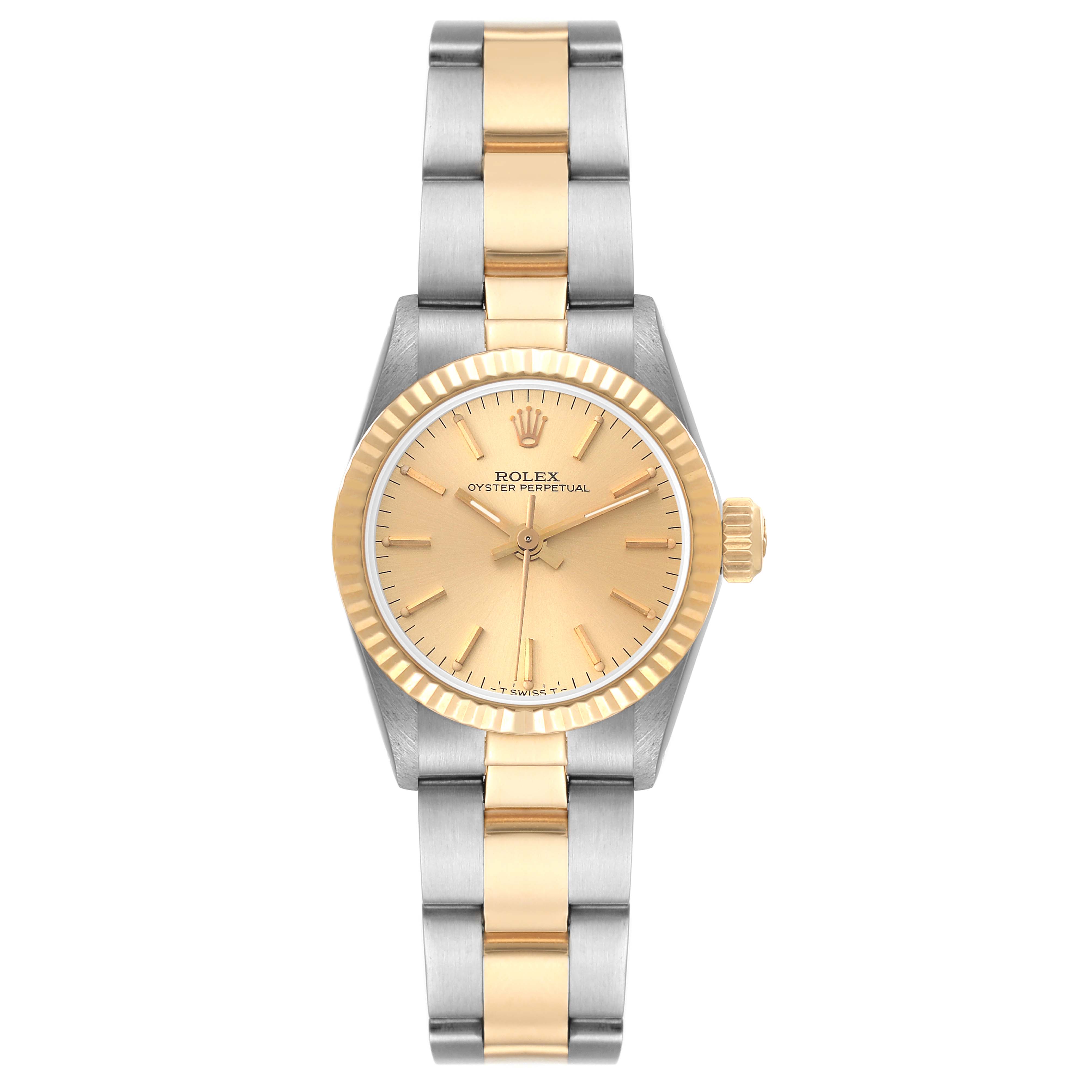The image shows a front view of a Rolex Oyster Perpetual 67193 Women
s Steel and Gold (two tone) Champagne Dial 67193 Women
s Steel and Gold (two tone) Champagne Dial watch with a gold and silver link bracelet.