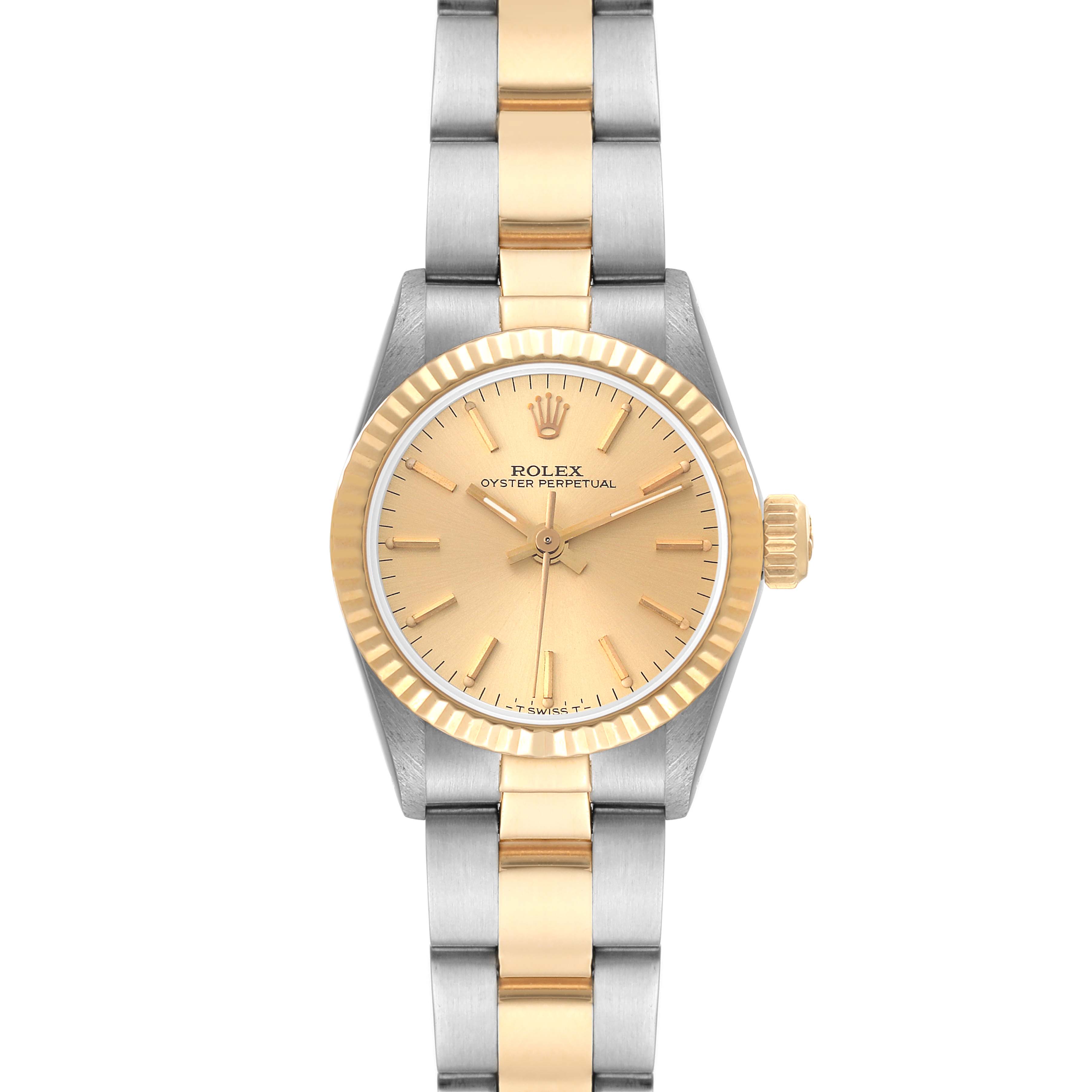 This Rolex Oyster Perpetual 67193 Women
s Steel and Gold (two tone) Champagne Dial 67193 Women
s Steel and Gold (two tone) Champagne Dial watch is shown from a top-down angle, highlighting its two-tone bracelet and gold dial.