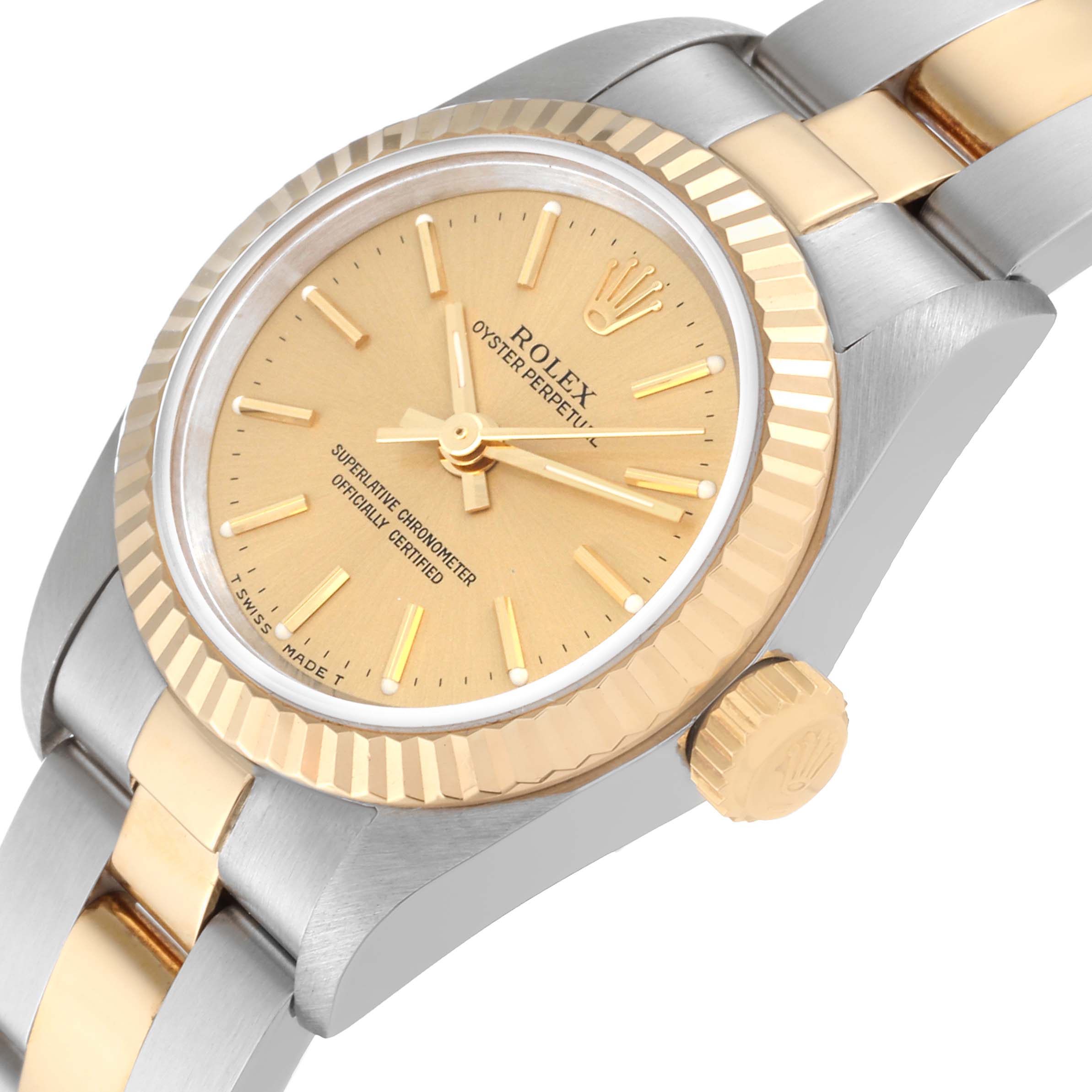 This image shows a close-up of the Rolex Oyster Perpetual 67193 Women's Steel and Gold (two tone) Champagne Dial 67193 Women's Steel and Gold (two tone) Champagne Dial watch, focusing on the dial, bezel, and part of the bracelet.