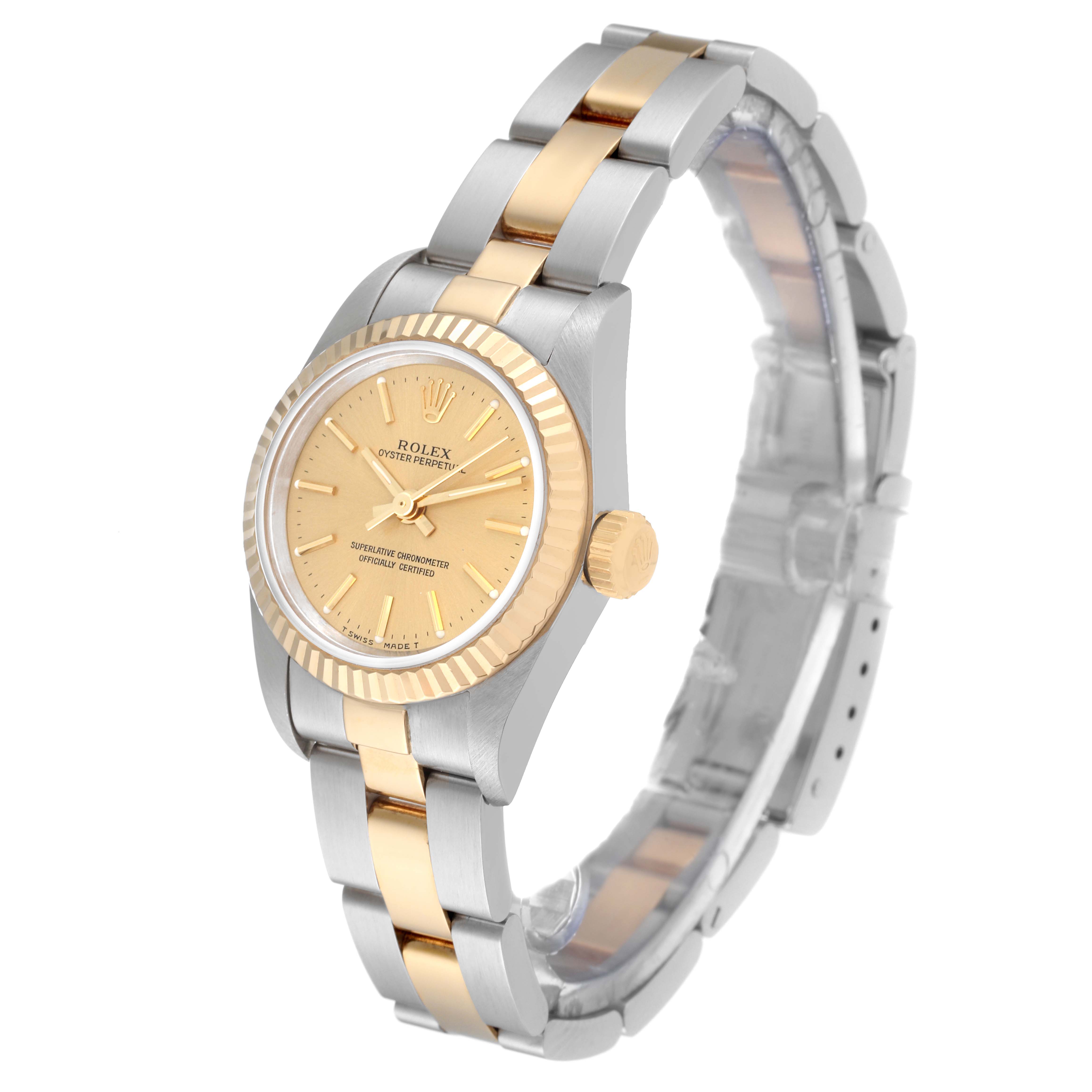 The image shows a Rolex Oyster Perpetual 67193 Women's Steel and Gold (two tone) Champagne Dial 67193 Women's Steel and Gold (two tone) Champagne Dial from a side angle, highlighting the gold and silver bracelet and bezel.