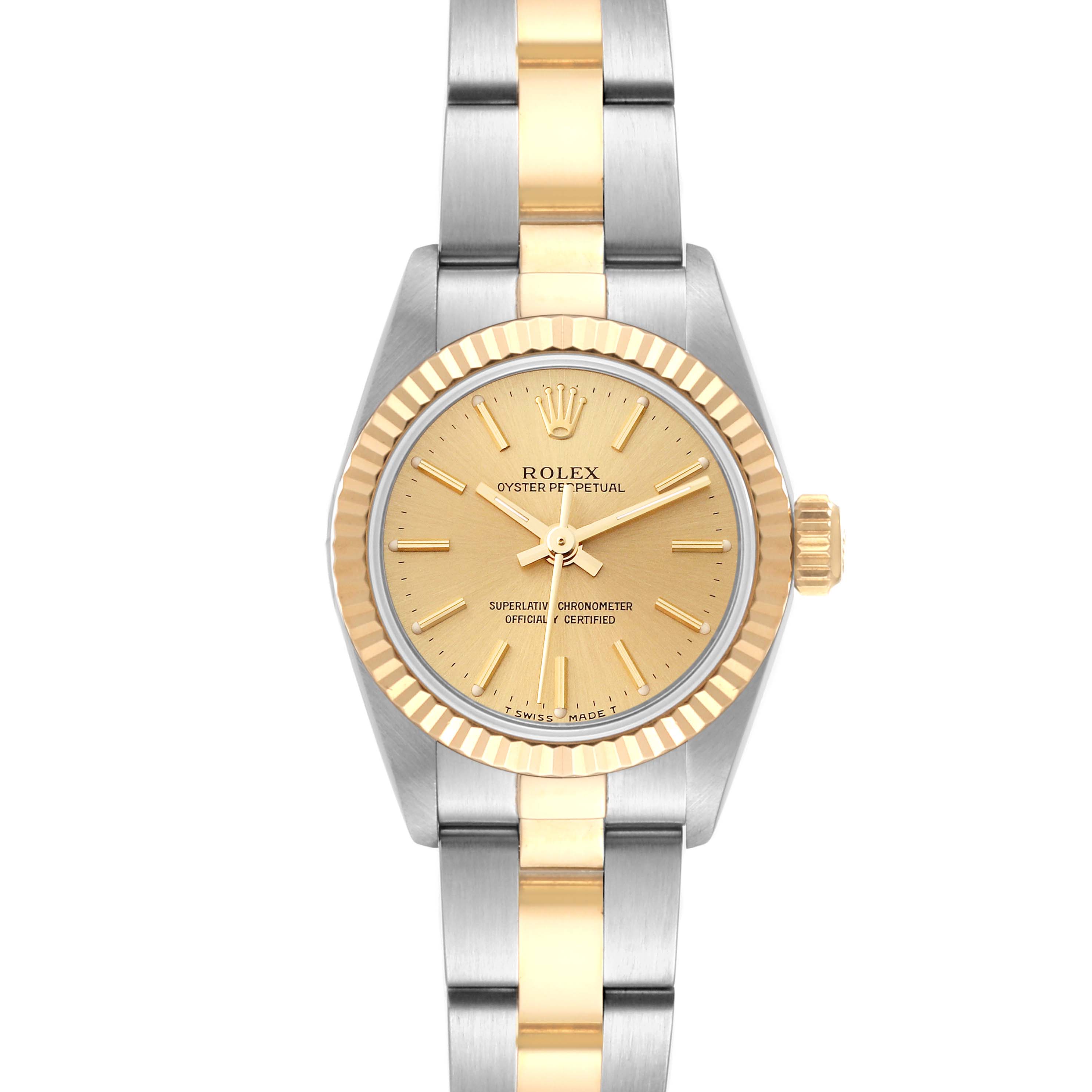 The Rolex Oyster Perpetual 67193 Women's Steel and Gold (two tone) Champagne Dial 67193 Women's Steel and Gold (two tone) Champagne Dial watch is shown from a top-down angle, highlighting its gold dial, bezel, and two-tone metal bracelet.