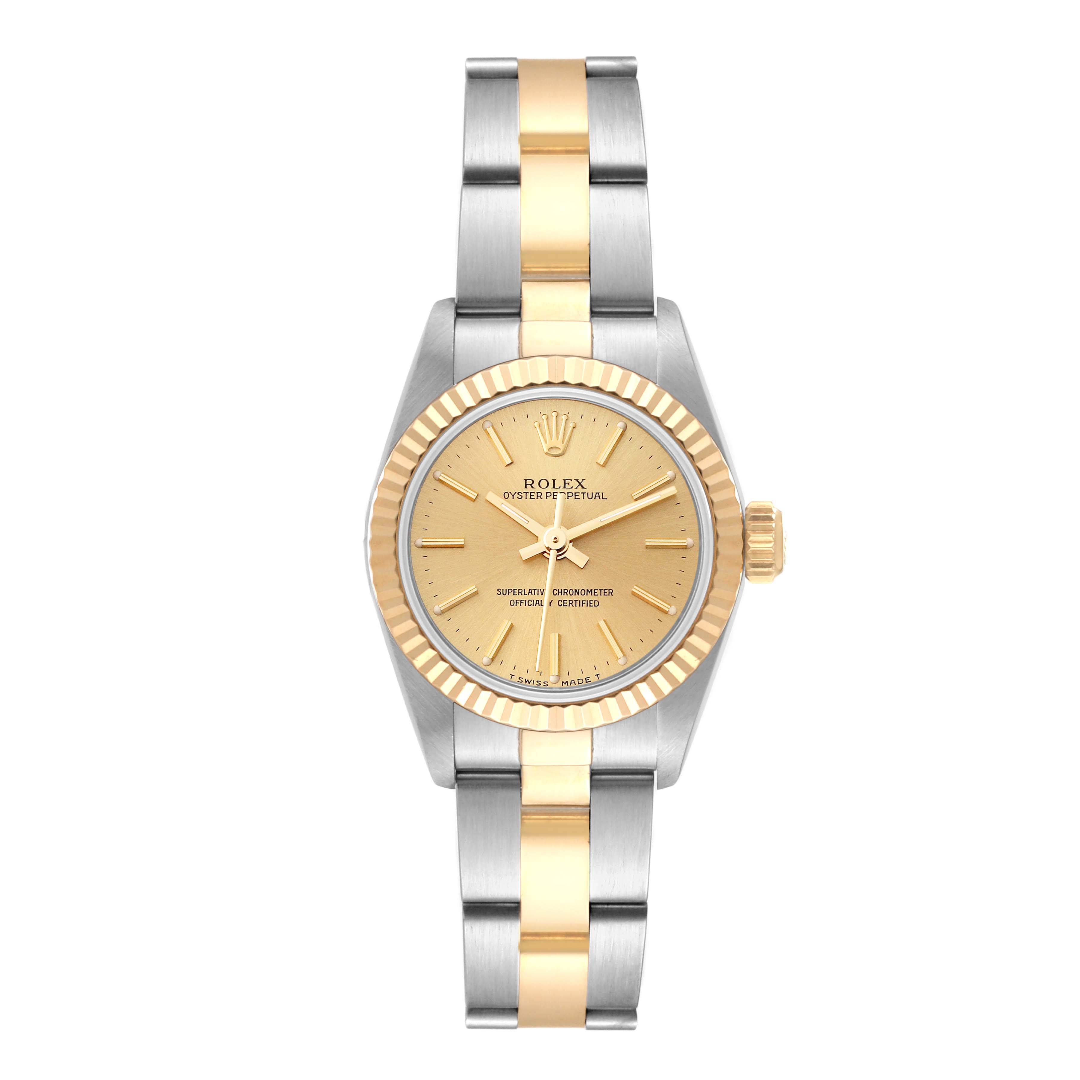 The Rolex Oyster Perpetual 67193 Women's Steel and Gold (two tone) Champagne Dial 67193 Women's Steel and Gold (two tone) Champagne Dial watch is shown from a front angle, highlighting its two-tone bracelet, gold bezel, and dial.