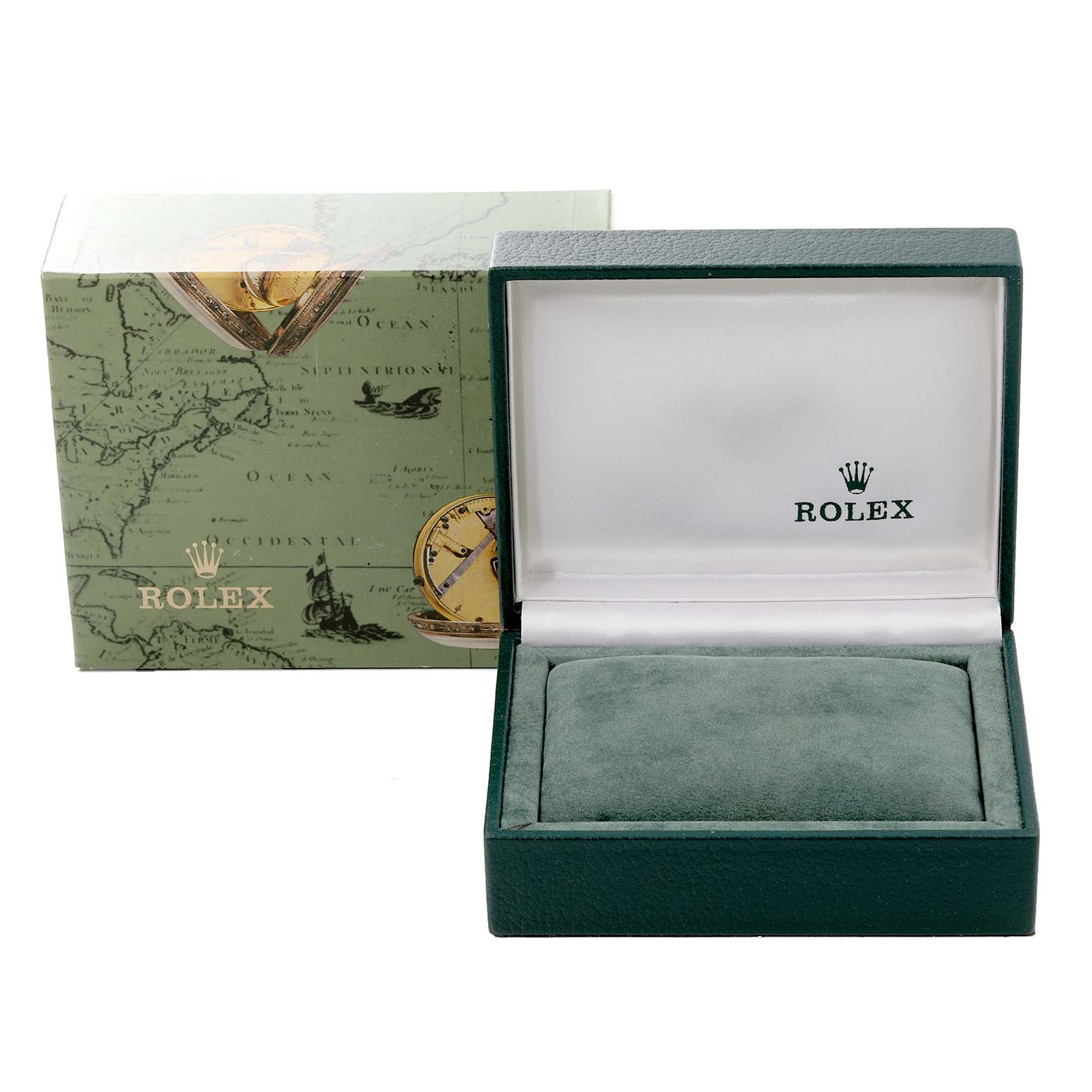 The image shows an empty Rolex Oyster Perpetual 67193 Women's Steel and Gold (two tone) Champagne Dial 67193 Women's Steel and Gold (two tone) Champagne Dial watch box open, with the exterior packaging displayed behind it.