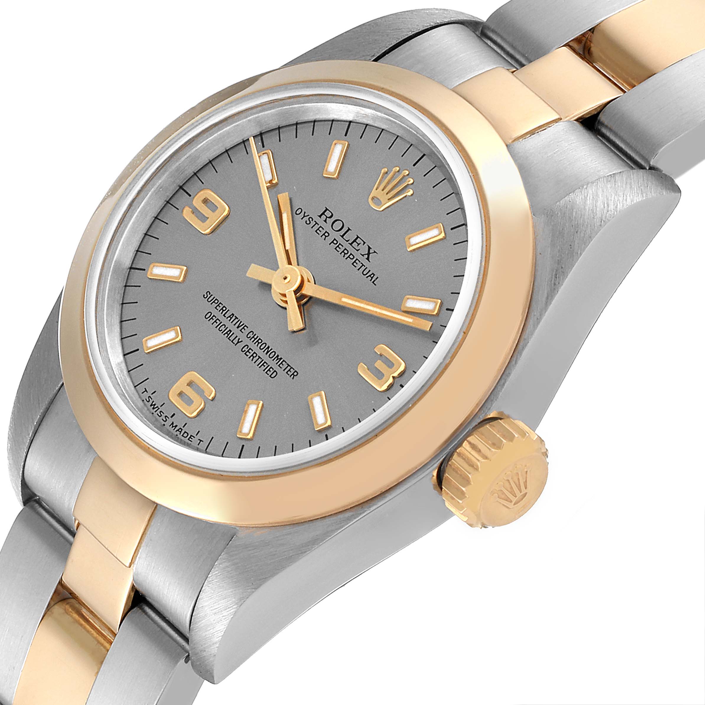 The image shows a close-up angled view of a Rolex Oyster Perpetual 67183 Women
s Steel and Gold (two tone) Silver Dial 67183 Women
s Steel and Gold (two tone) Silver Dial watch, focusing on the dial, crown, and part of the bracelet.
