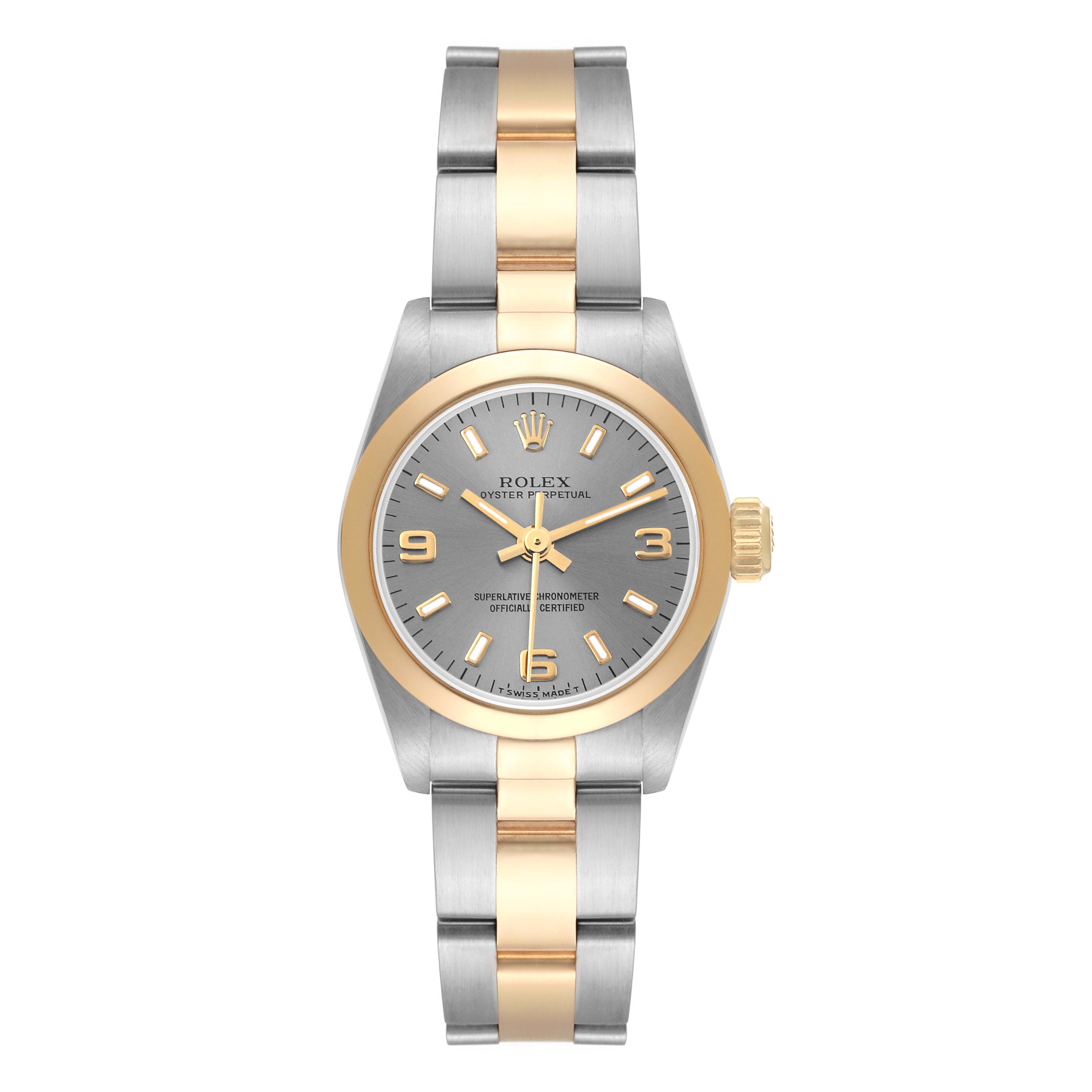 This image shows a full frontal view of a Rolex Oyster Perpetual 67183 Women
s Steel and Gold (two tone) Silver Dial 67183 Women
s Steel and Gold (two tone) Silver Dial watch with a two-tone bracelet and a grey dial.