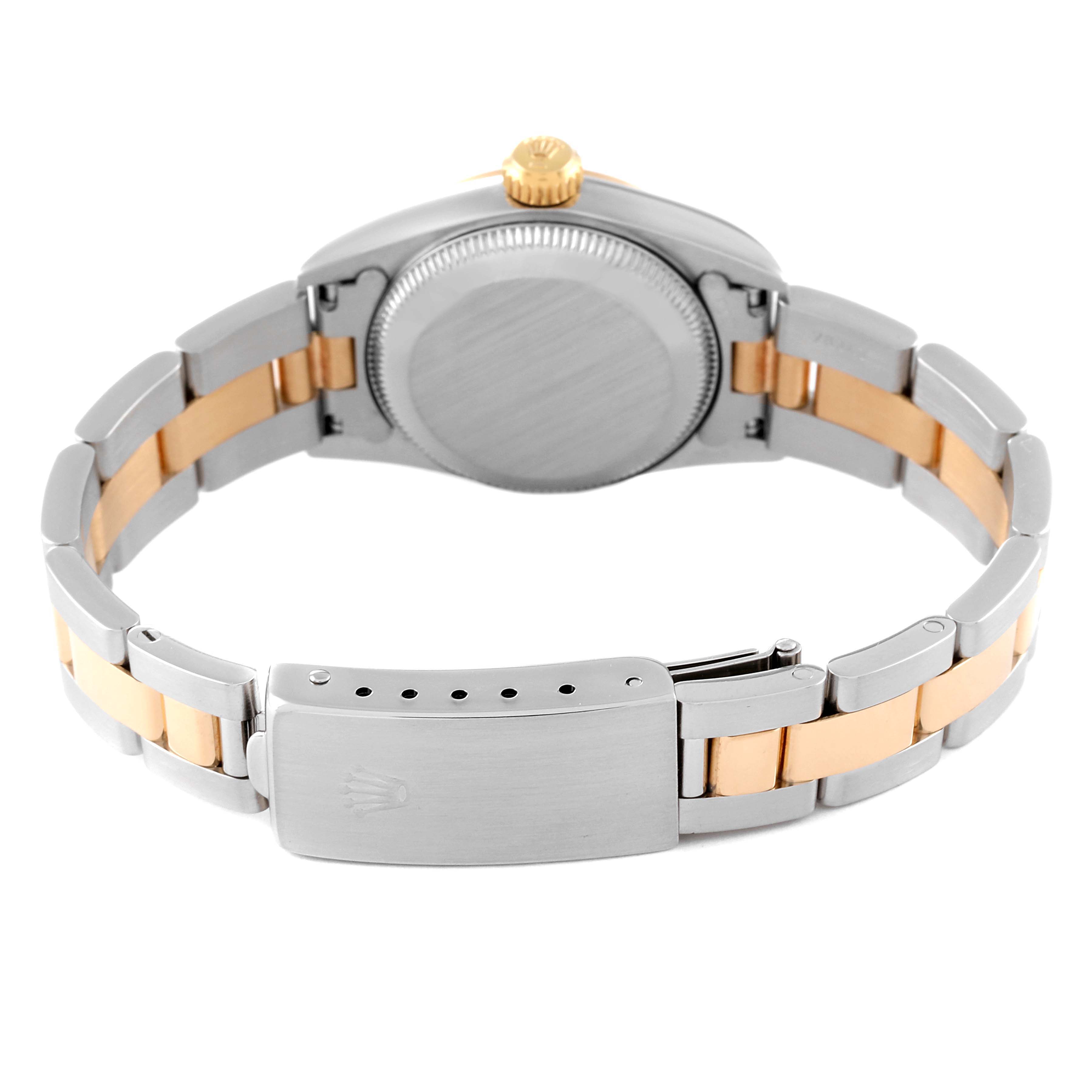 This image shows the back case and bracelet of the Rolex Oyster Perpetual 67183 Women
s Steel and Gold (two tone) Silver Dial 67183 Women
s Steel and Gold (two tone) Silver Dial watch.