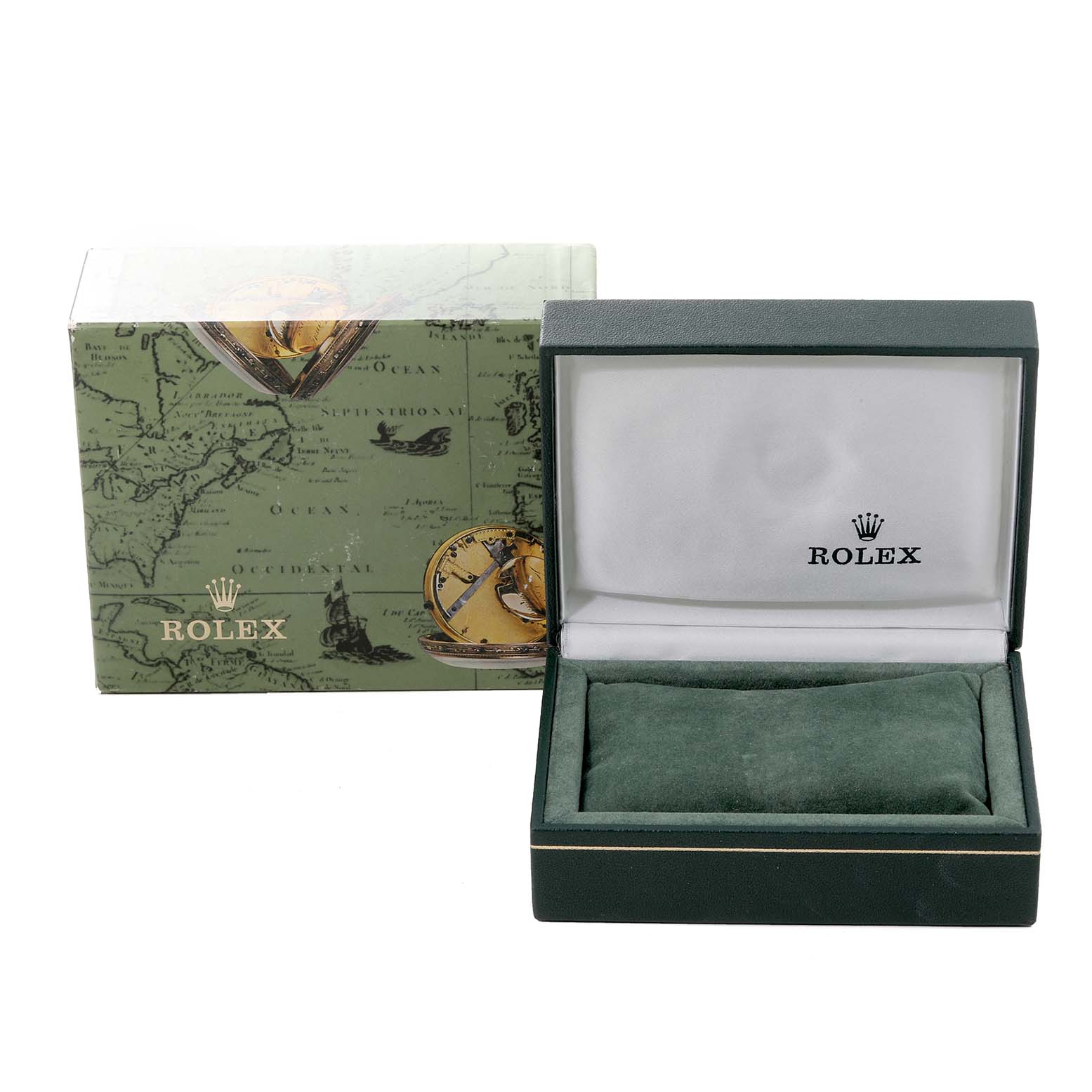 The image shows the opened box and outer packaging for the Rolex Oyster Perpetual 67183 Women's Steel and Gold (two tone) Grey Dial 67183 Women's Steel and Gold (two tone) Grey Dial watch, featuring a green and gold design.