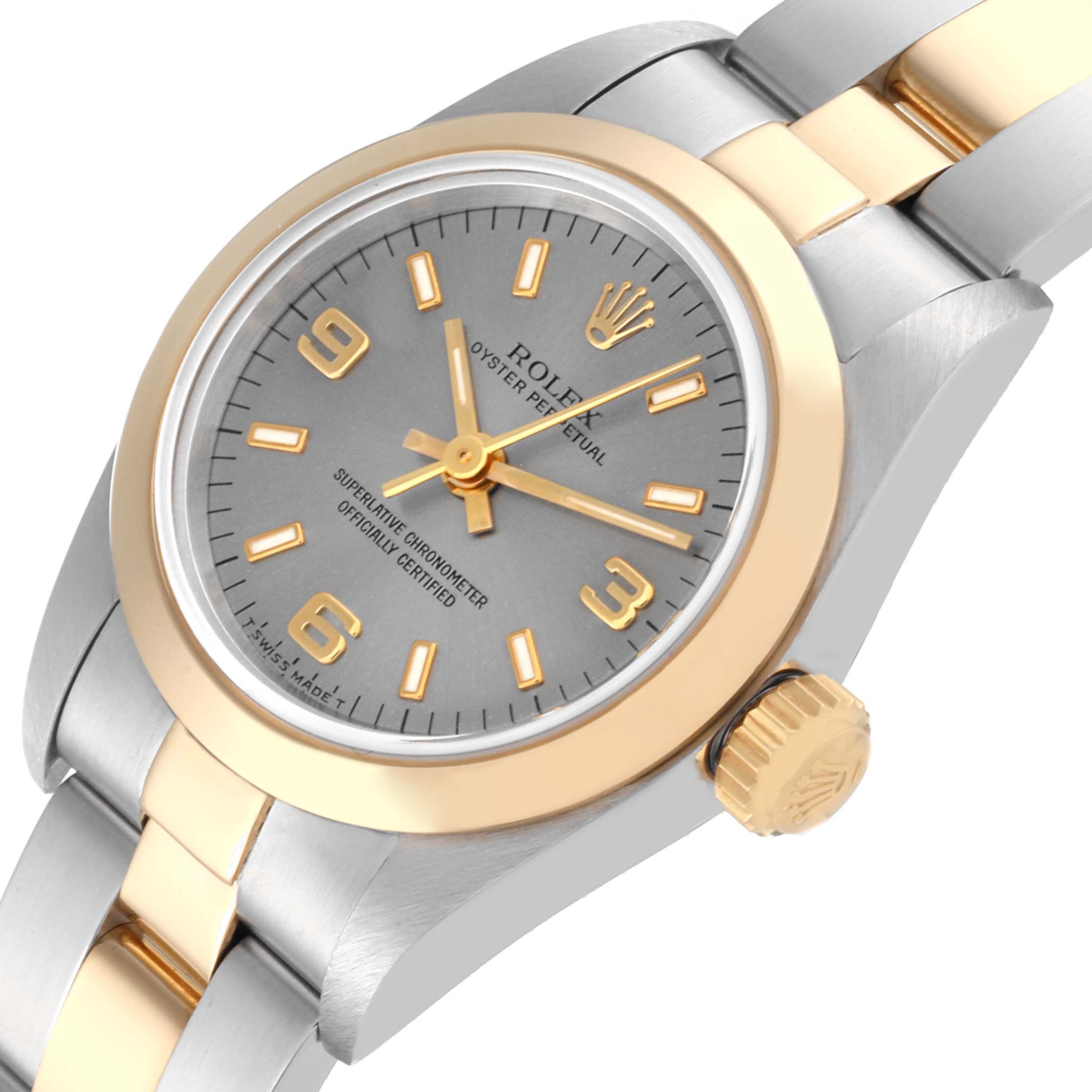 The Rolex Oyster Perpetual 67183 Women's Steel and Gold (two tone) Grey Dial 67183 Women's Steel and Gold (two tone) Grey Dial watch is shown at an angled close-up, displaying the face, bezel, crown, and part of the bracelet.