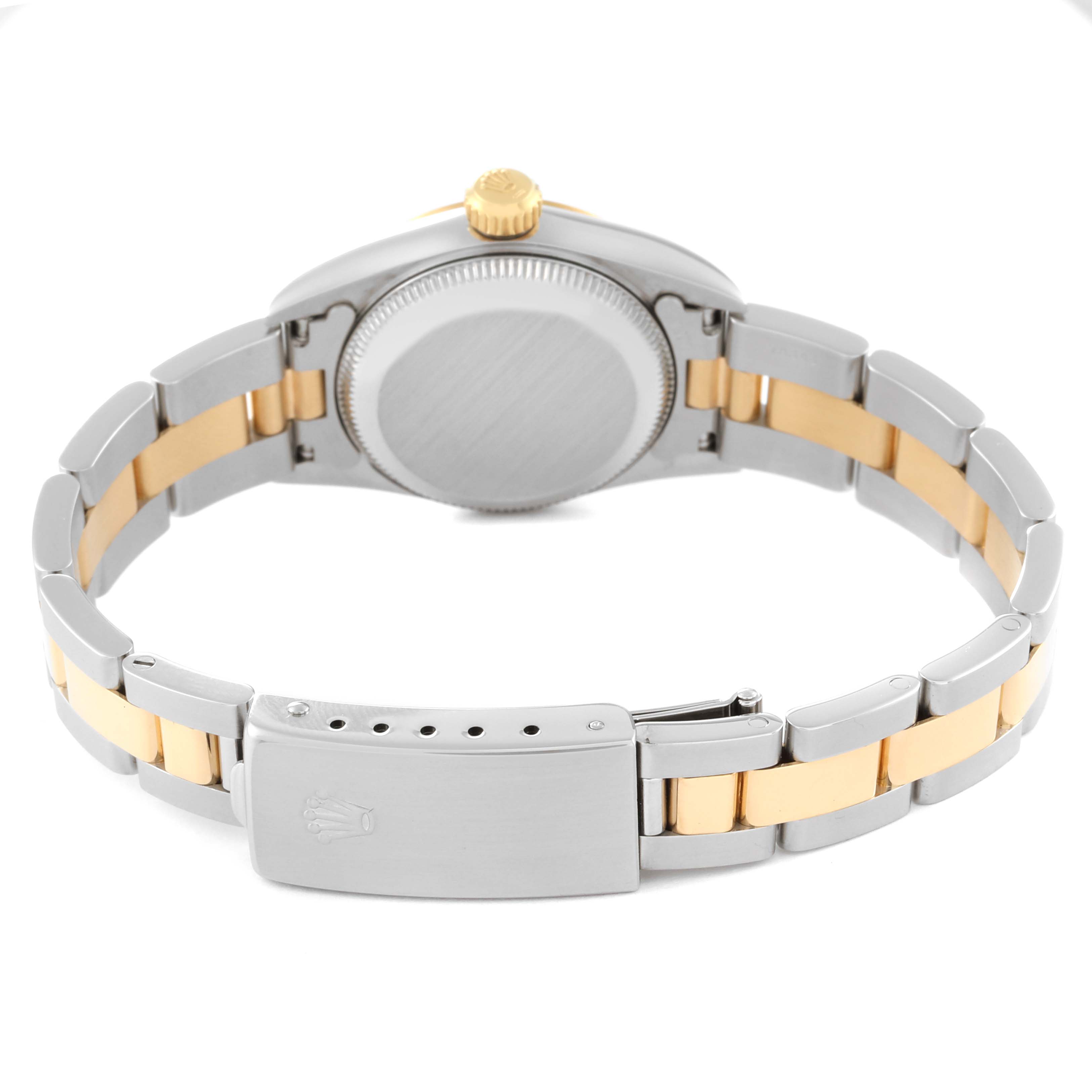 This image shows the back and clasp of a Rolex Oyster Perpetual 67183 Women's Steel and Gold (two tone) Grey Dial 67183 Women's Steel and Gold (two tone) Grey Dial watch, highlighting its metal bracelet with gold accents.