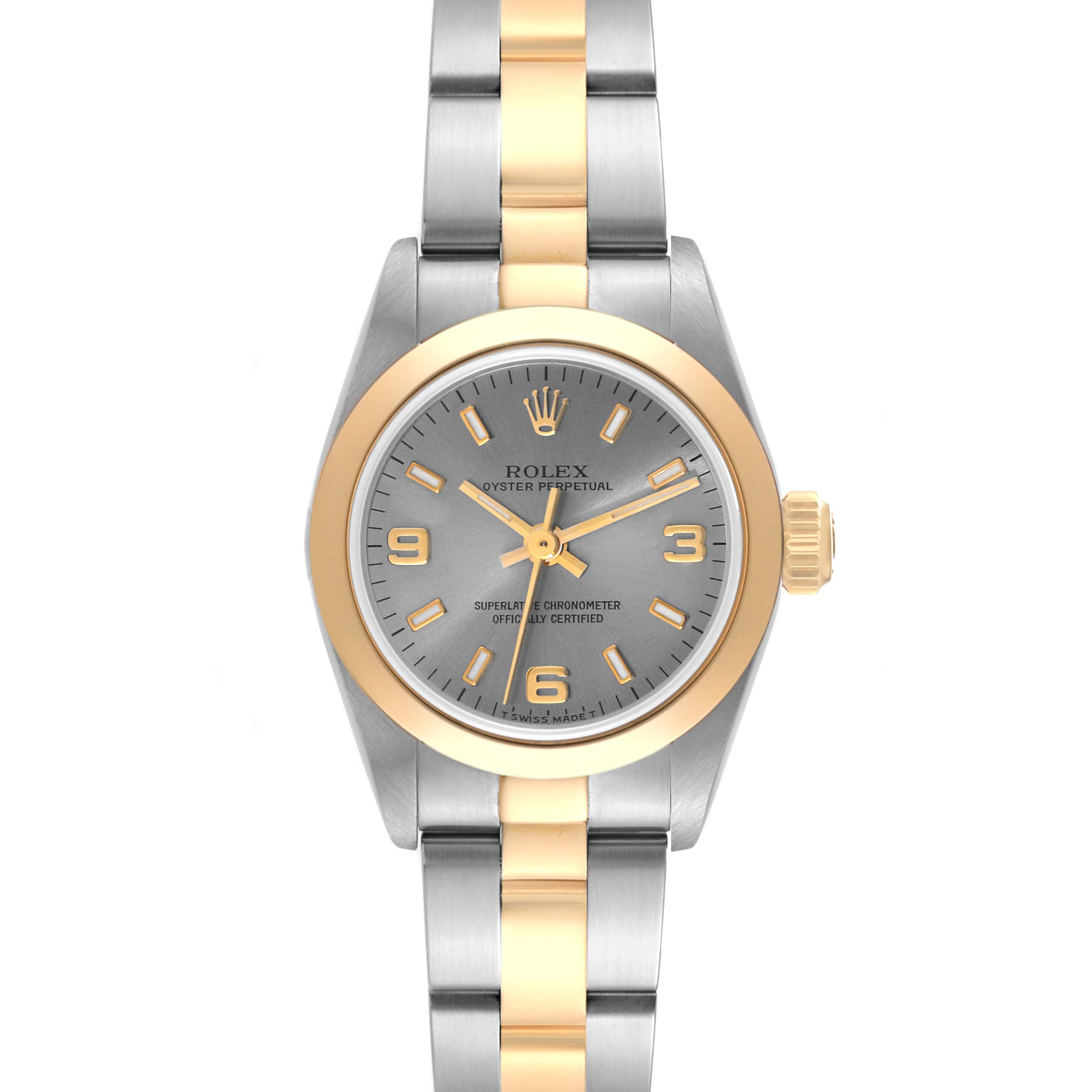 This image shows a front view of the Rolex Oyster Perpetual 67183 Women's Steel and Gold (two tone) Grey Dial 67183 Women's Steel and Gold (two tone) Grey Dial, highlighting its two-tone metal bracelet and gold accents on the dial.