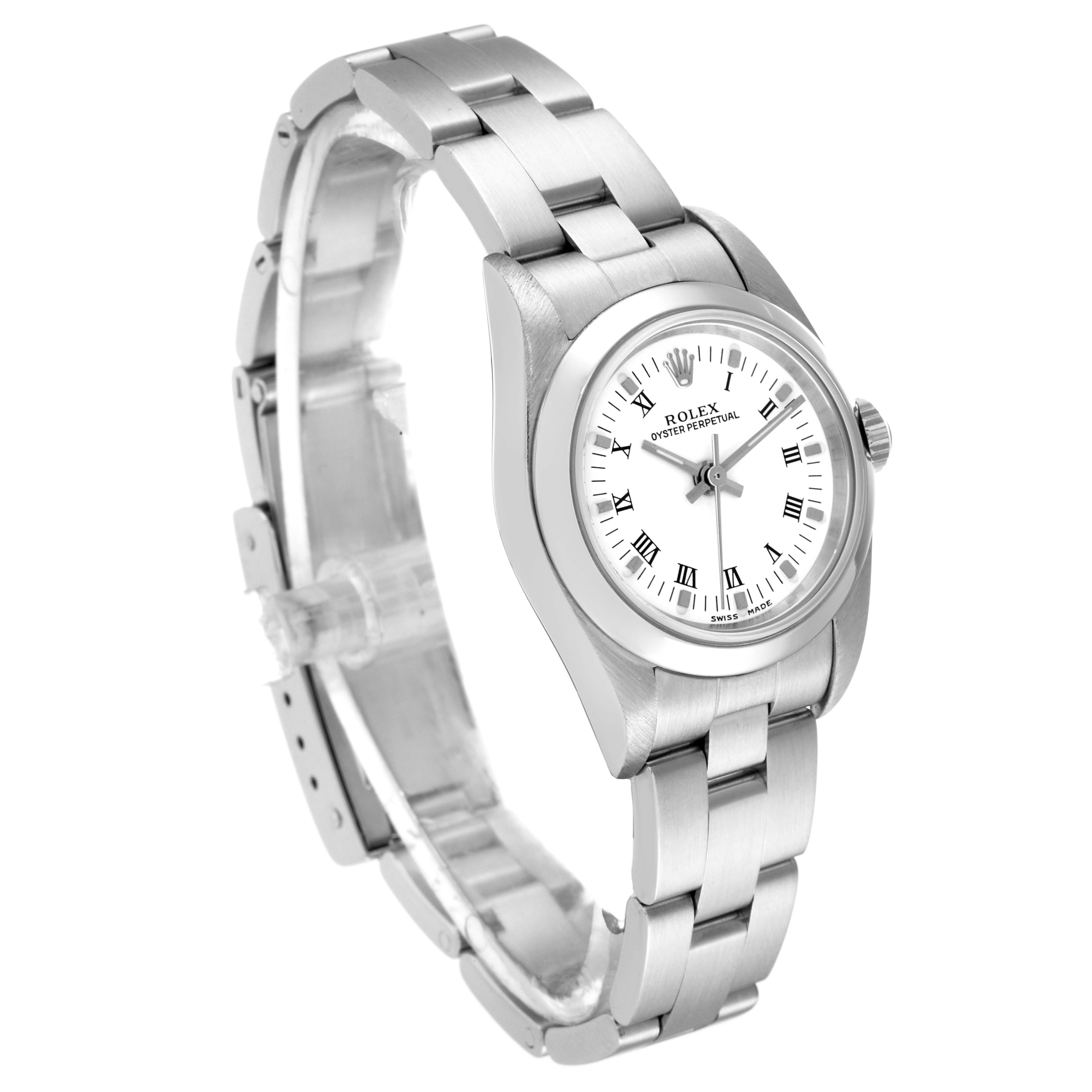 The image shows a side view of the Rolex Oyster Perpetual 76080 Women's Stainless Steel White Dial 76080 Women's Stainless Steel White Dial watch, displaying the face, bracelet, and clasp.