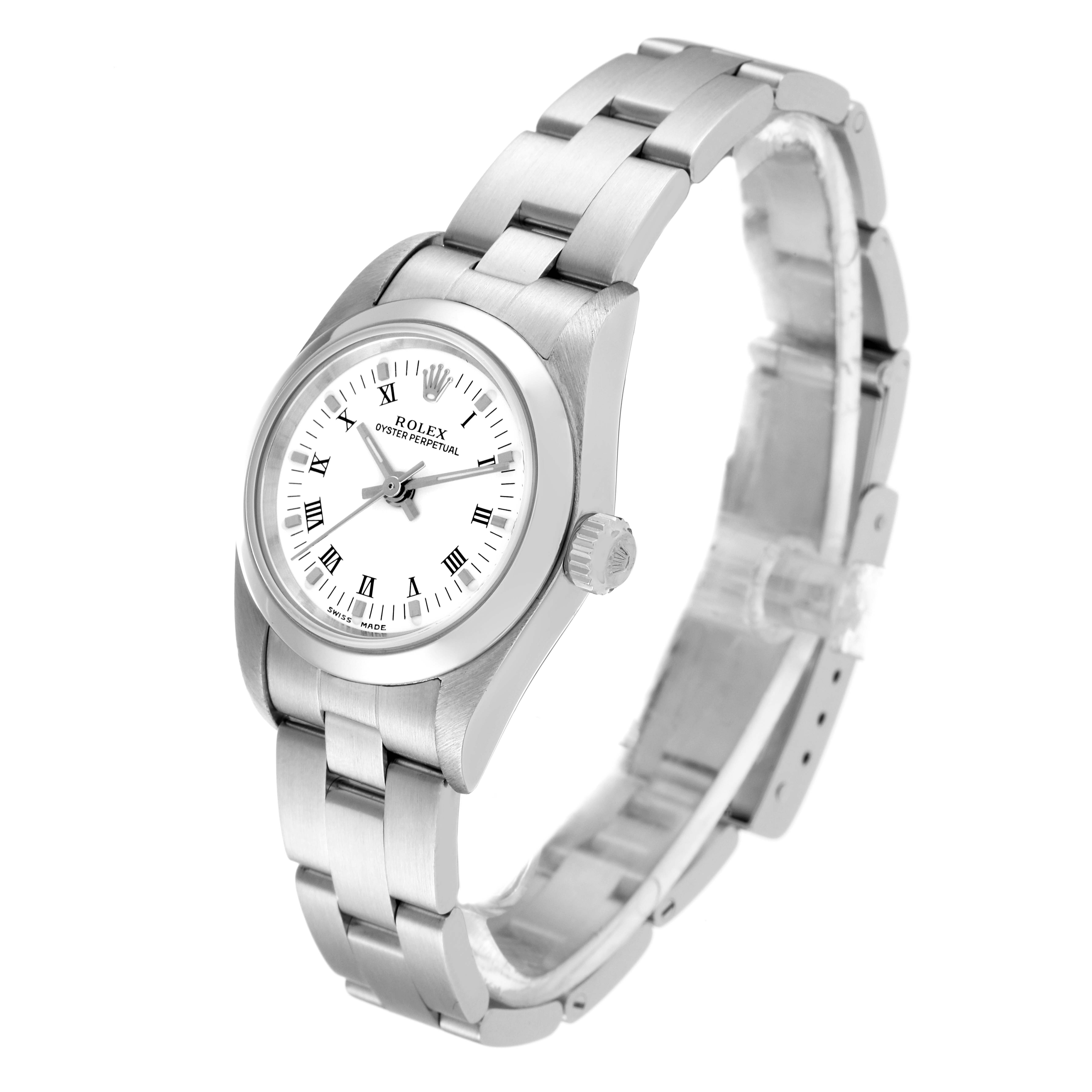 The Rolex Oyster Perpetual 76080 Women's Stainless Steel White Dial 76080 Women's Stainless Steel White Dial watch is shown at an angled side view, displaying its bracelet, case, dial, and crown.