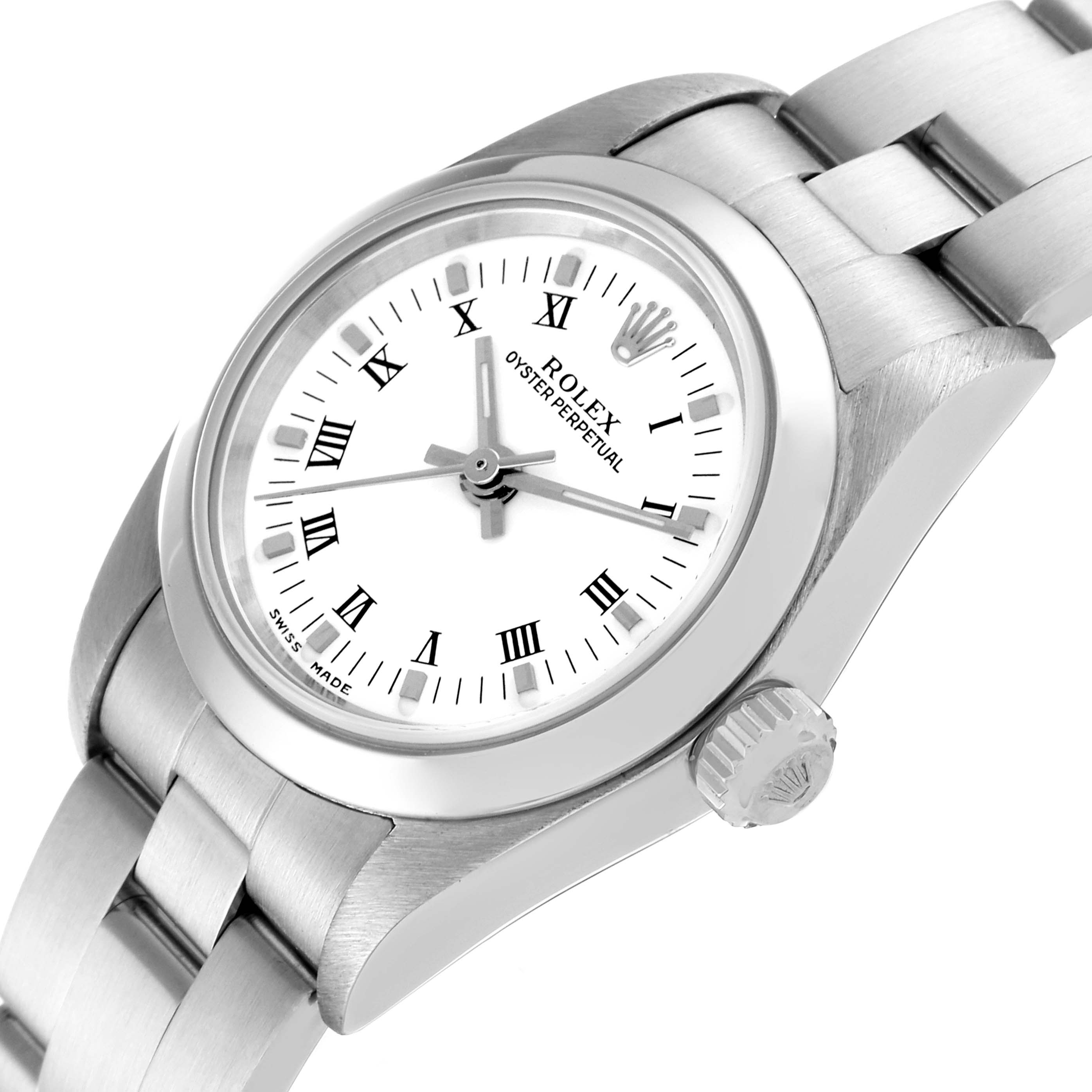 This image shows a Rolex Oyster Perpetual 76080 Women's Stainless Steel White Dial 76080 Women's Stainless Steel White Dial watch from an angled top view, highlighting its face, bezel, crown, and part of the bracelet.