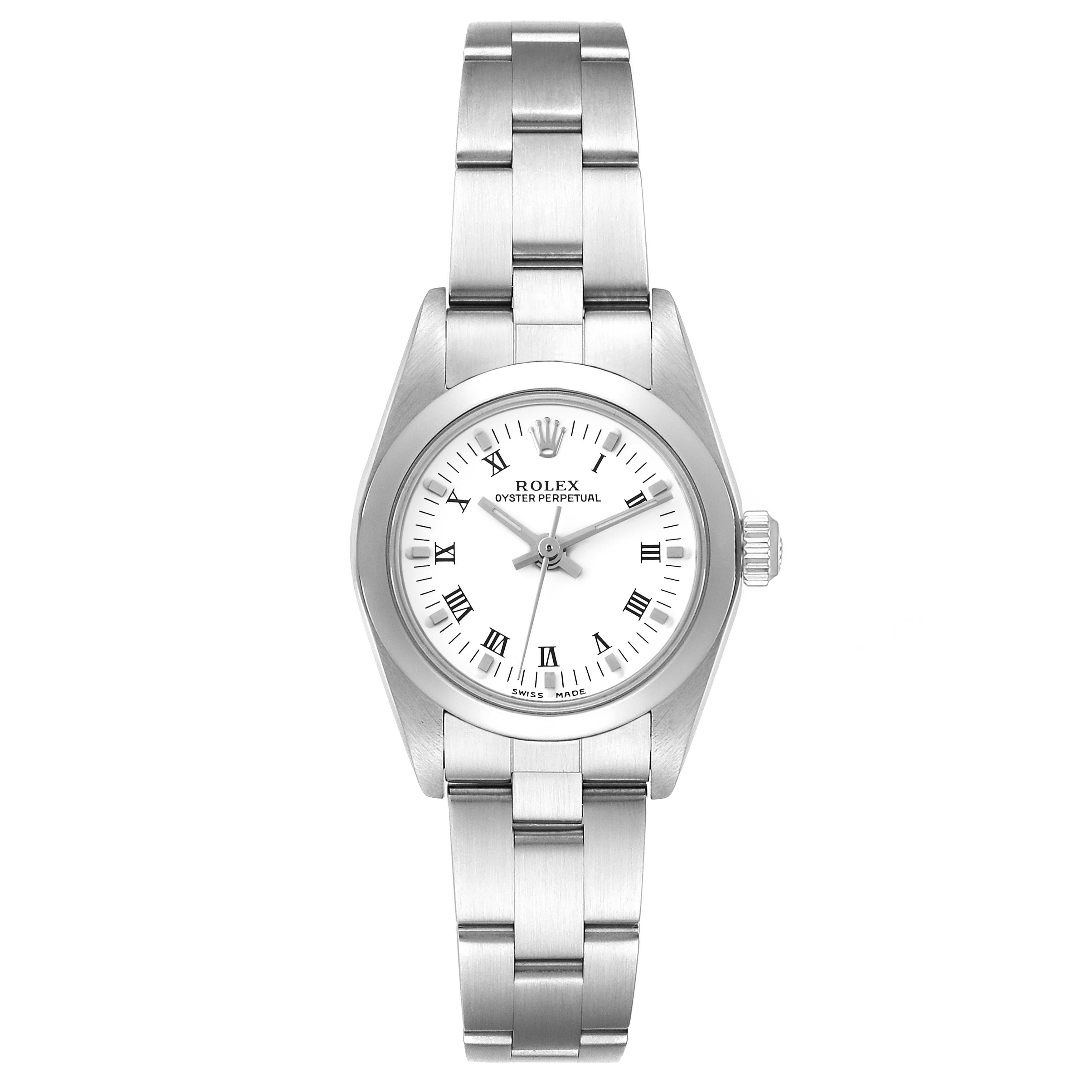 This image shows a front view of the Rolex Oyster Perpetual 76080 Women's Stainless Steel White Dial 76080 Women's Stainless Steel White Dial watch, including its dial, crown, and bracelet.