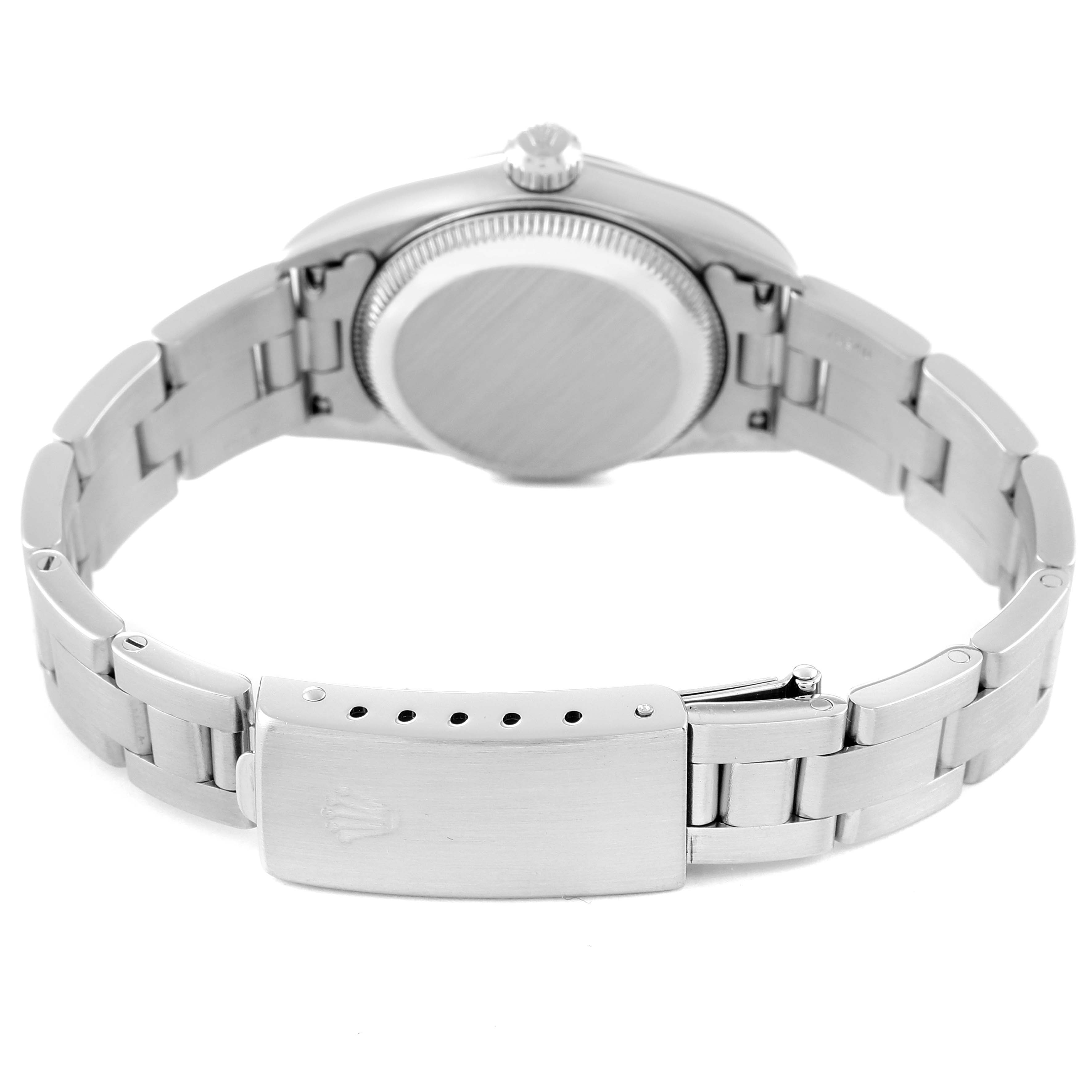 This image shows the back view of the Rolex Oyster Perpetual 76080 Women's Stainless Steel White Dial 76080 Women's Stainless Steel White Dial, highlighting the bracelet and clasp.