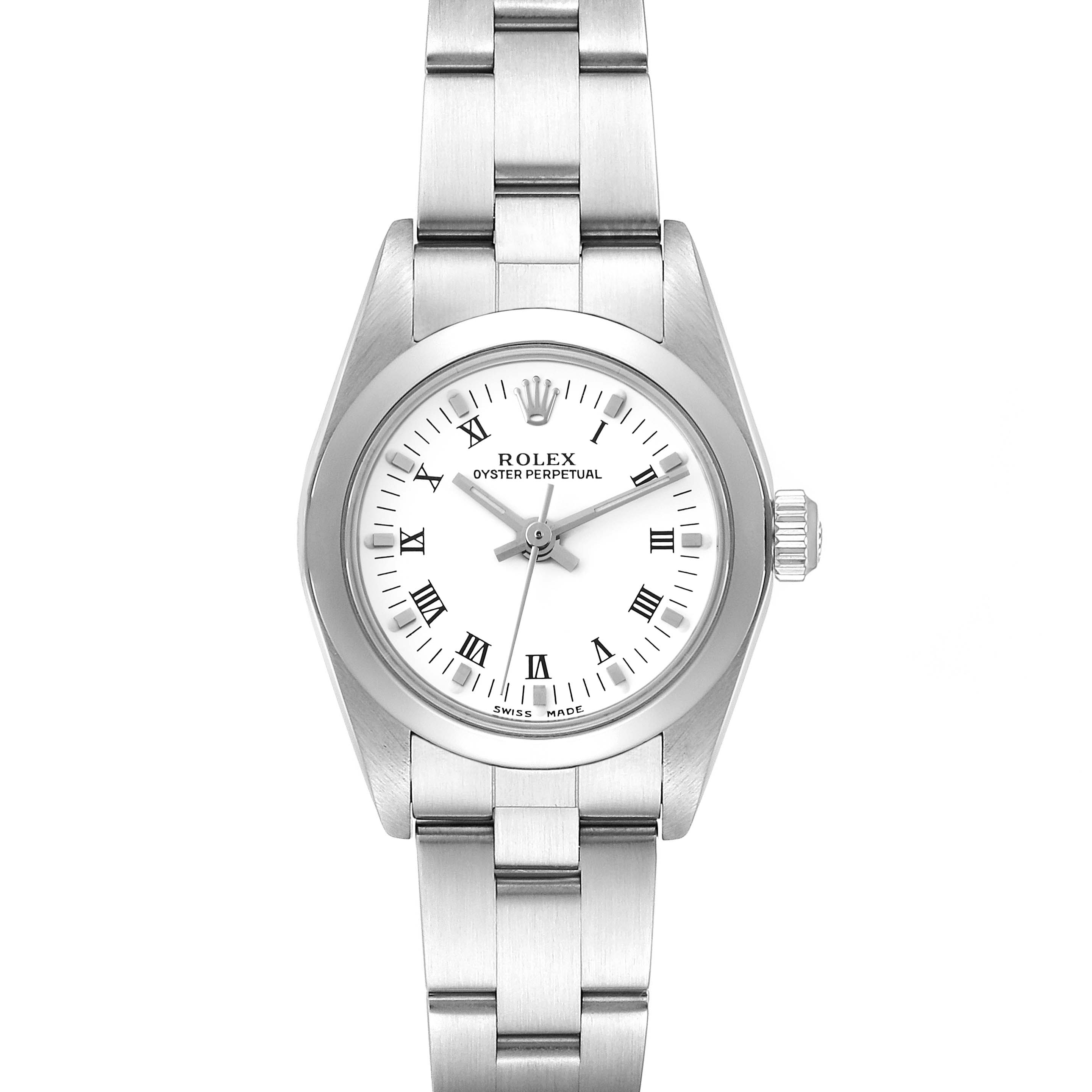 This Rolex Oyster Perpetual 76080 Women's Stainless Steel White Dial 76080 Women's Stainless Steel White Dial watch is shown from a top-down view, highlighting its face, bezel, crown, and bracelet.