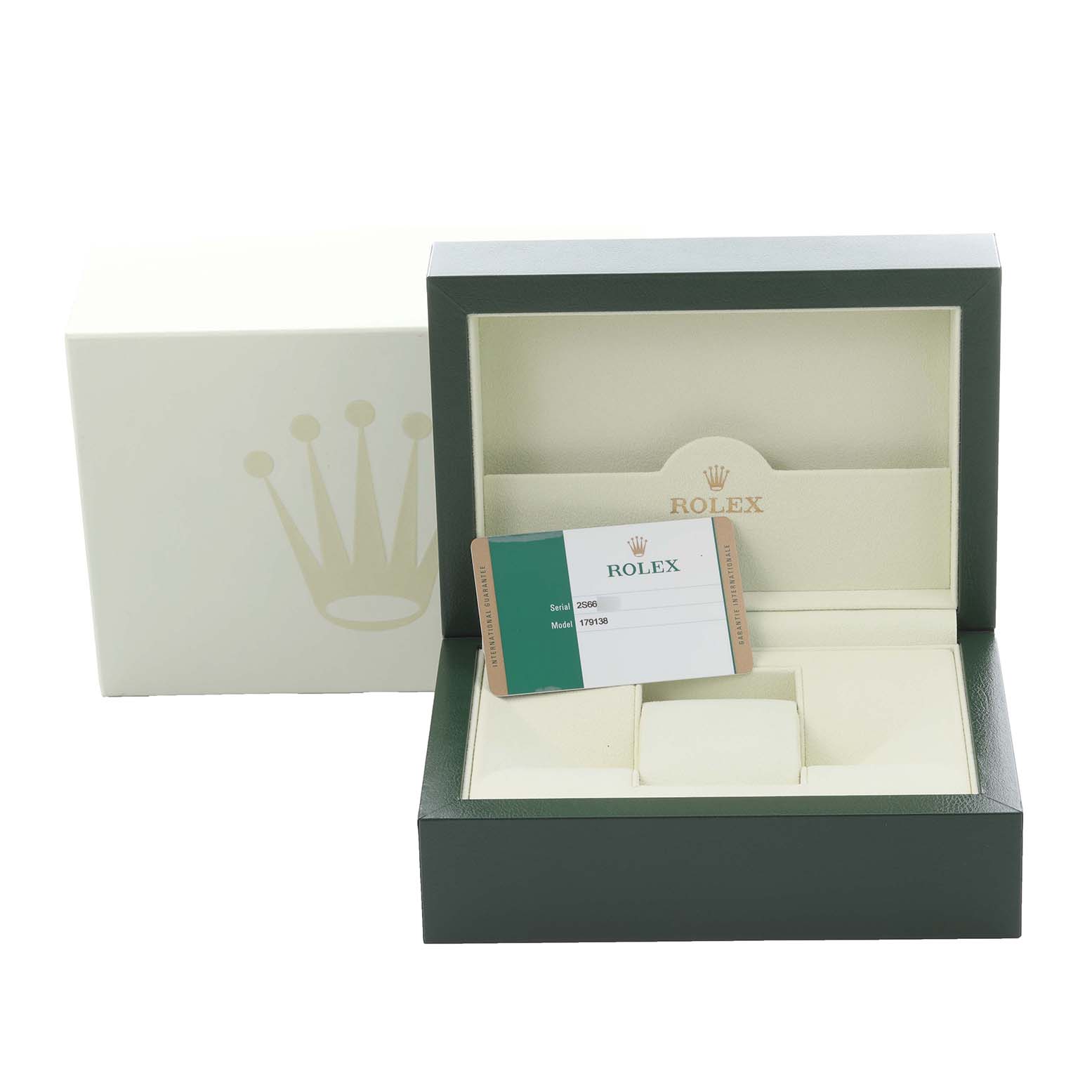 The image shows the box and authenticity card for a Rolex President 179138 Women's Yellow Gold Champagne Dial 179138 Women's Yellow Gold Champagne Dial model, with the box open and card visible.