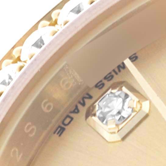 The image shows a close-up of the dial and diamond hour marker of the Rolex President 179138 Women's Yellow Gold Champagne Dial 179138 Women's Yellow Gold Champagne Dial model watch.