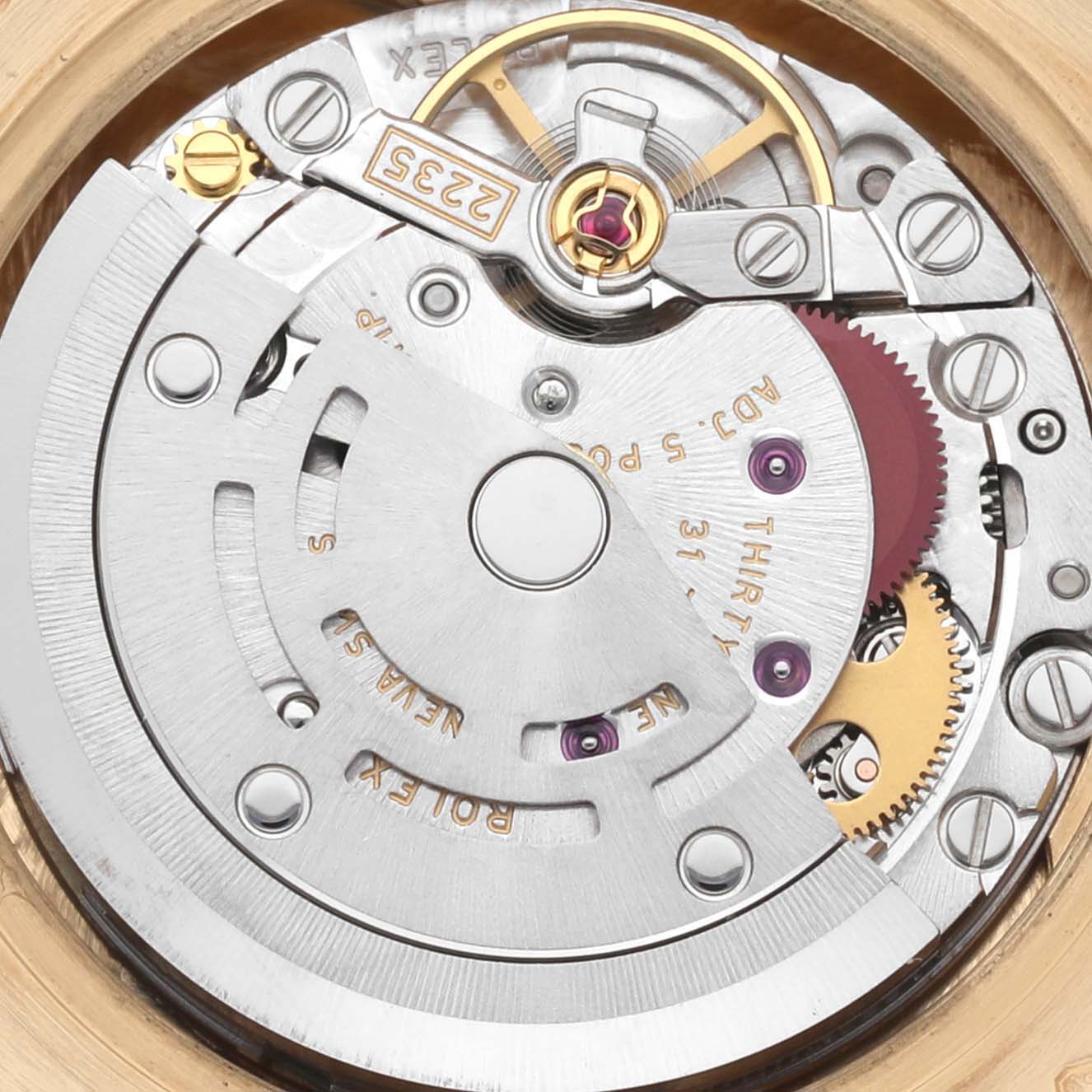 The image shows the movement mechanism of a Rolex President 179138 Women's Yellow Gold Champagne Dial 179138 Women's Yellow Gold Champagne Dial model viewed from the back.