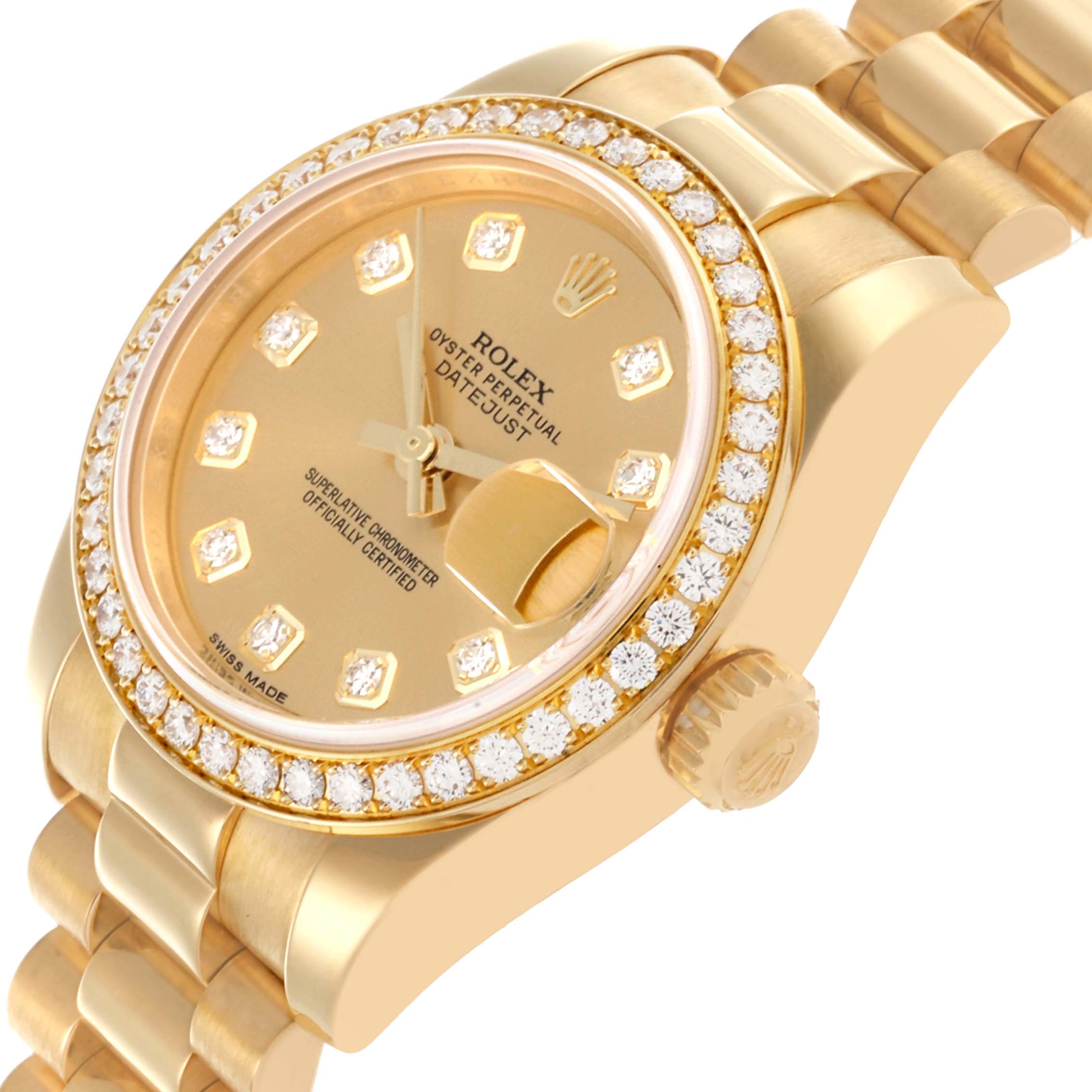 The Rolex President 179138 Women's Yellow Gold Champagne Dial 179138 Women's Yellow Gold Champagne Dial model is shown at an angle highlighting the gold bracelet, diamond bezel, and crown.