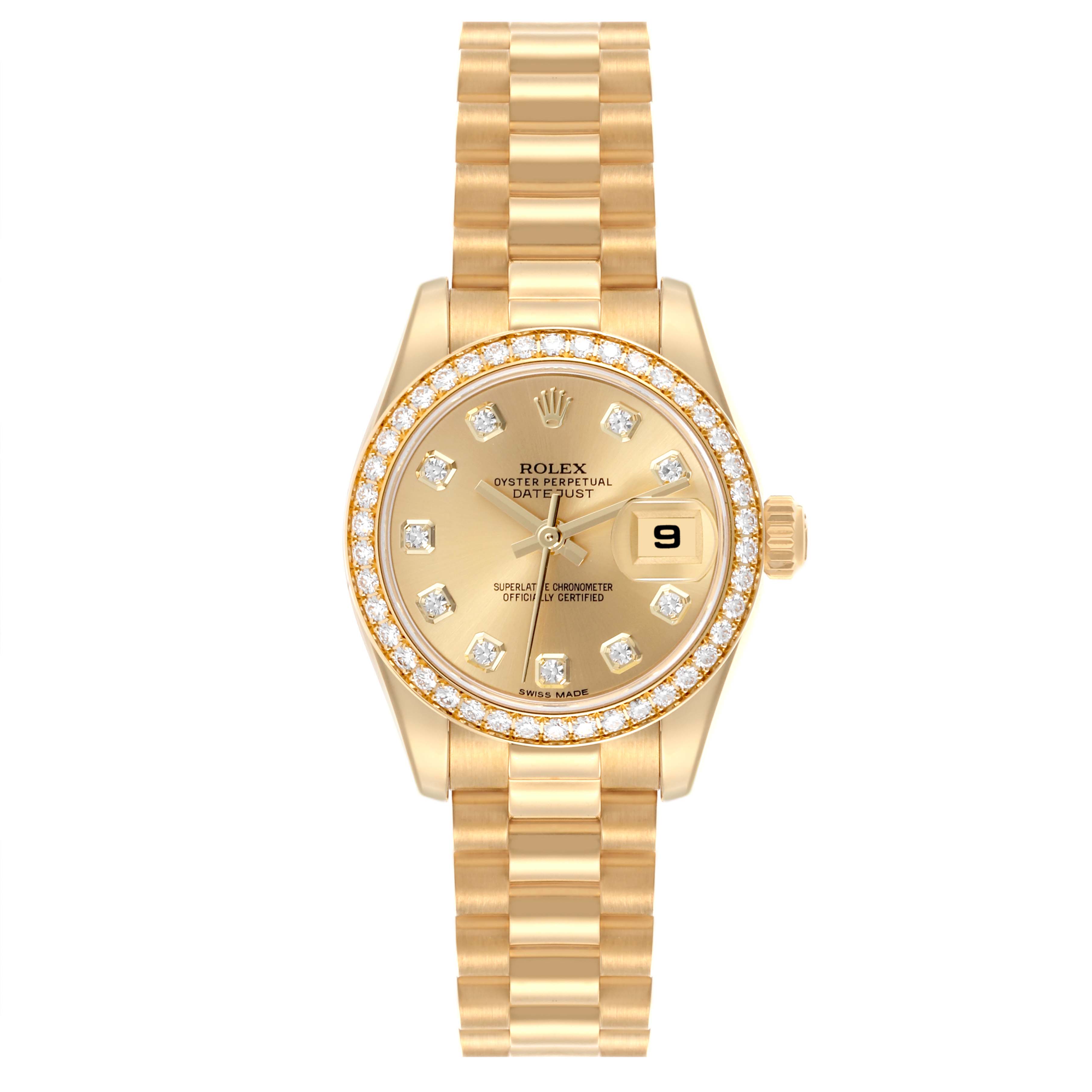 The Rolex President 179138 Women's Yellow Gold Champagne Dial 179138 Women's Yellow Gold Champagne Dial watch is shown from a front angle, displaying the face, bezel, and bracelet.