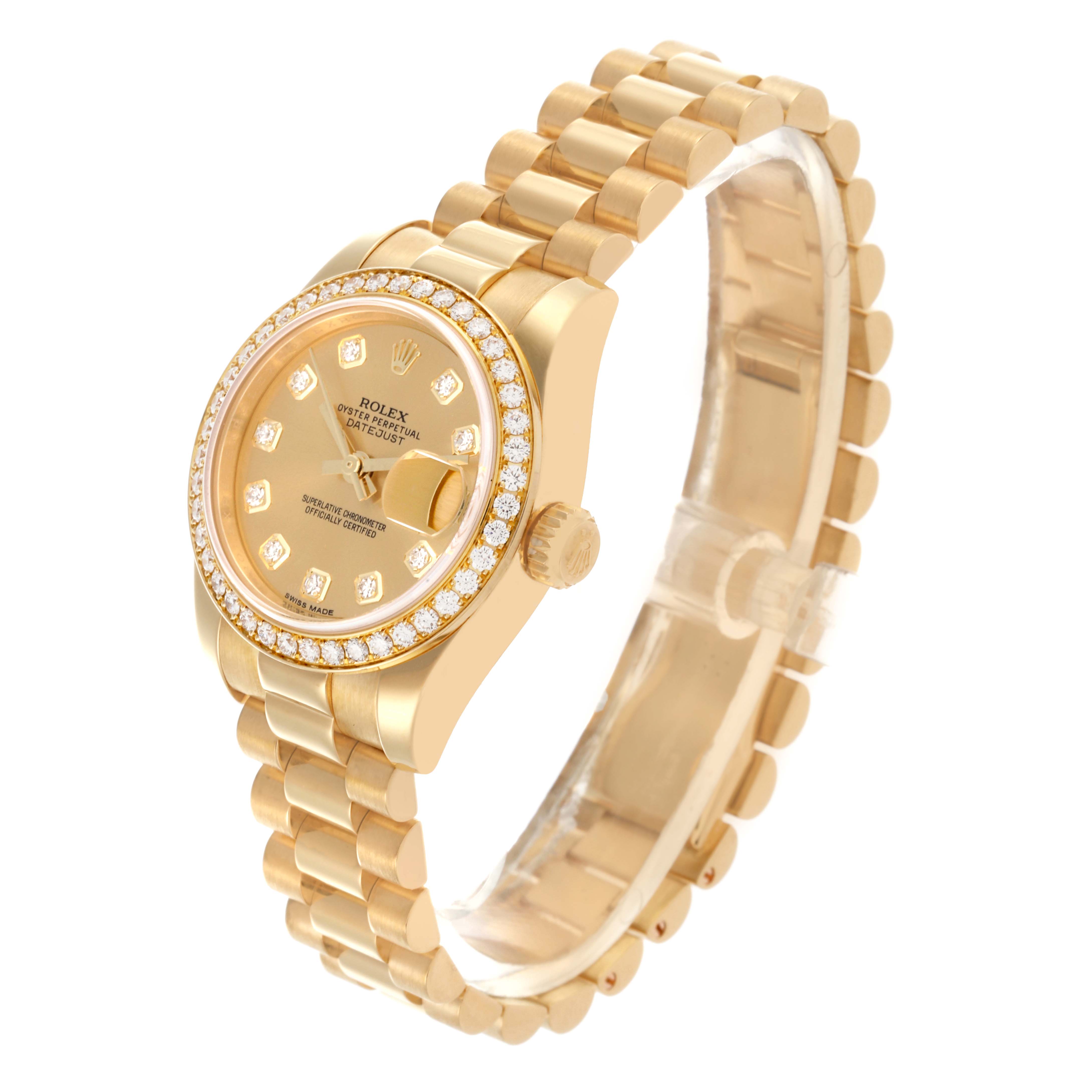 The Rolex President 179138 Women's Yellow Gold Champagne Dial 179138 Women's Yellow Gold Champagne Dial model watch is shown at an angled side view, highlighting its face, bezel, case, and bracelet.