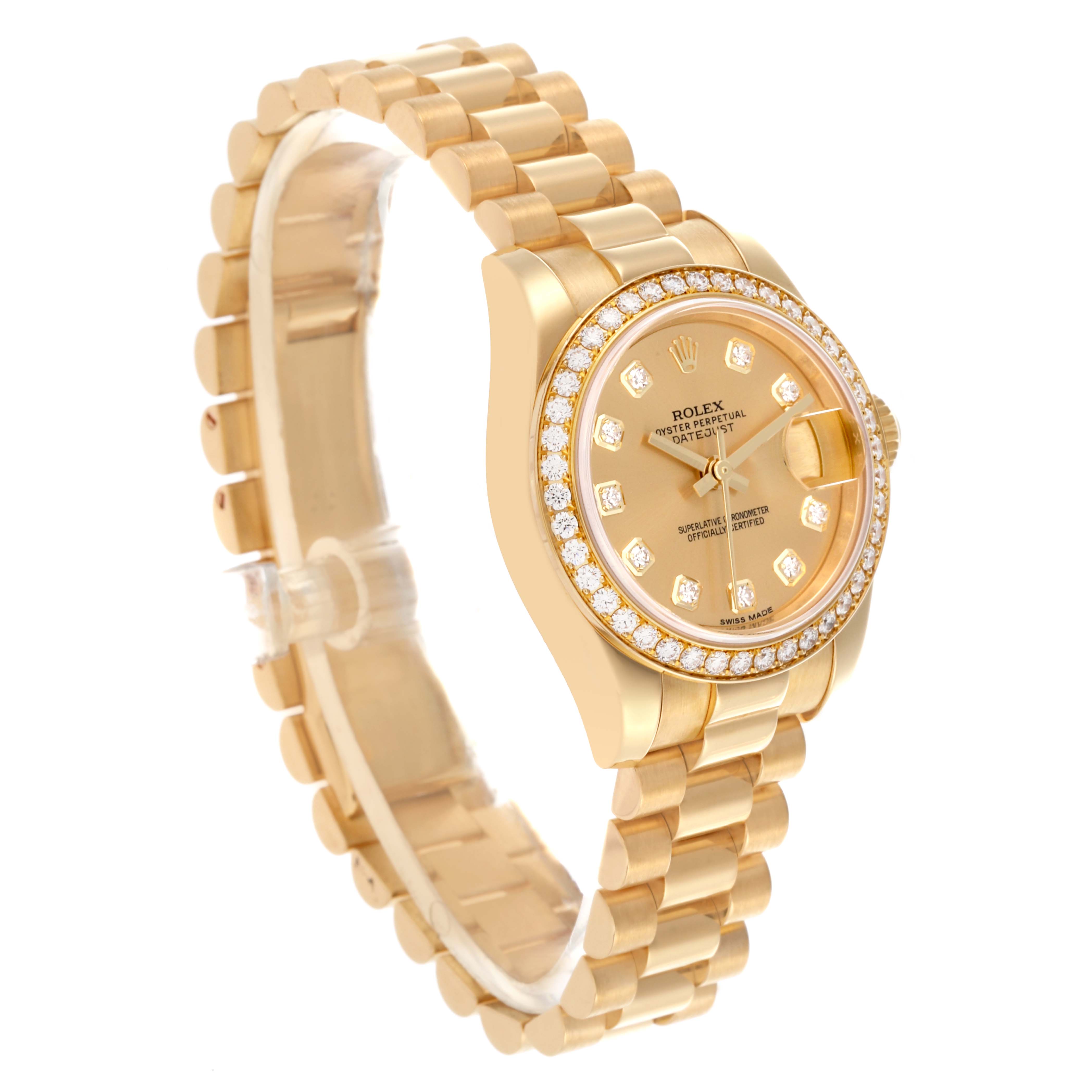 The Rolex President 179138 Women's Yellow Gold Champagne Dial 179138 Women's Yellow Gold Champagne Dial model watch is shown at an oblique angle, displaying the bracelet, bezel, and dial with diamond hour markers.