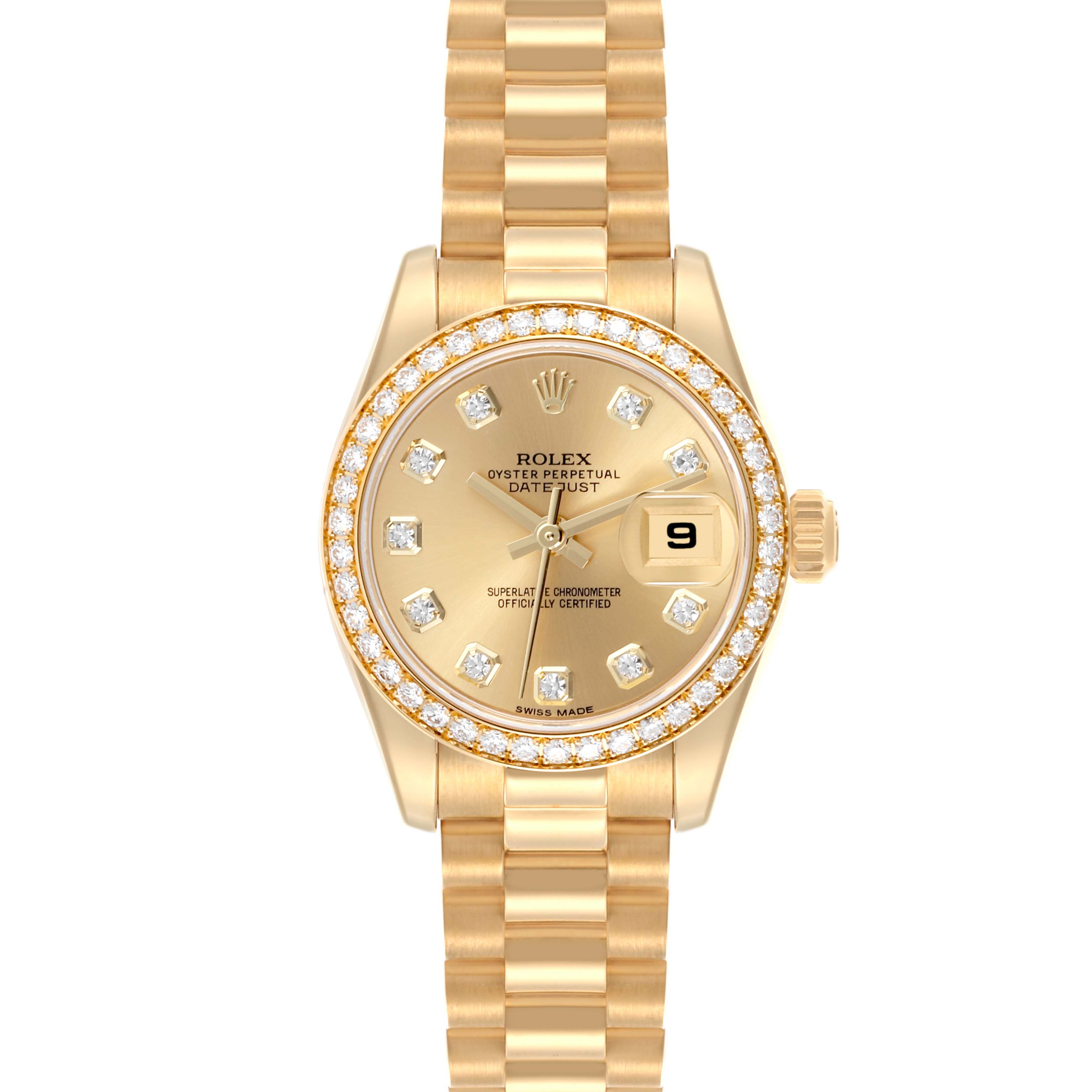 The Rolex President 179138 Women's Yellow Gold Champagne Dial 179138 Women's Yellow Gold Champagne Dial model is shown from a top-down angle, displaying the dial, bezel, and bracelet clearly.