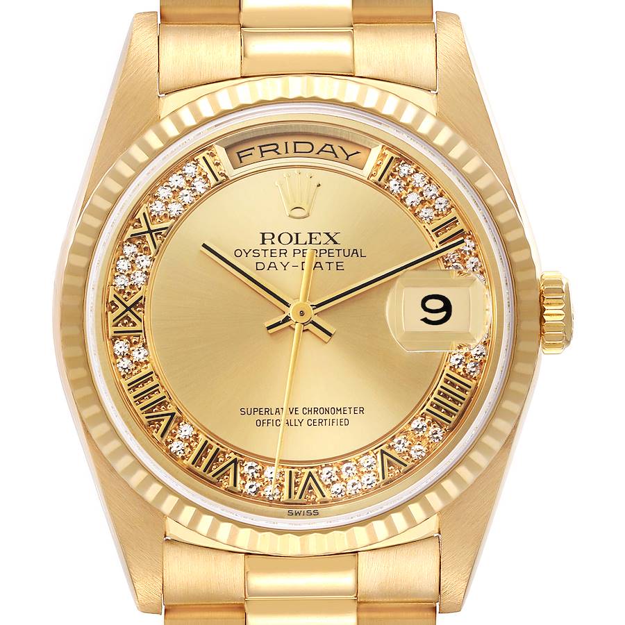 The Rolex President Day-Date watch is shown from a front angle, highlighting the dial, bezel, and bracelet.