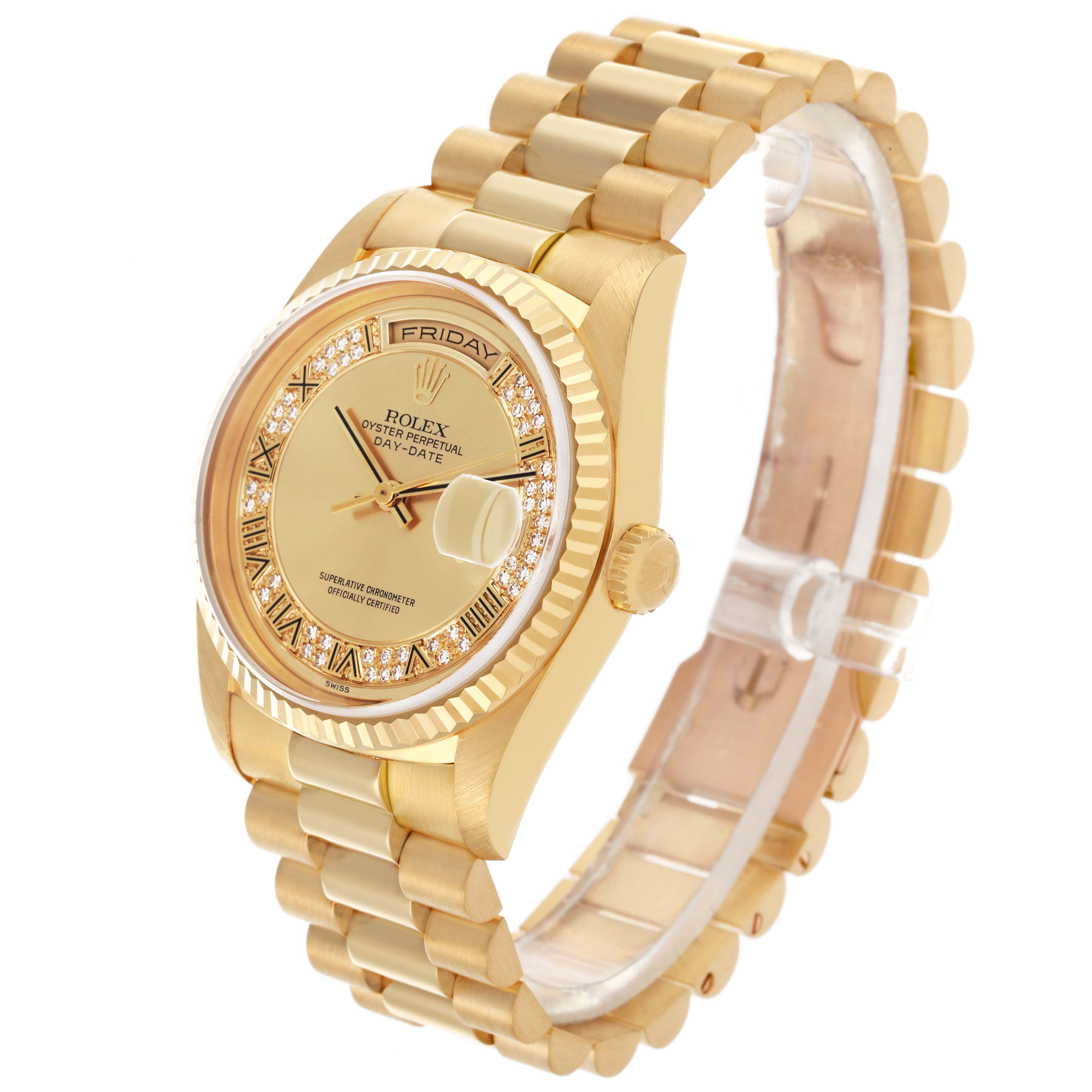 The Rolex President 18238MR Men
s Yellow Gold Champagne Dial 18238MR Men
s Yellow Gold Champagne Dial watch is shown at a three-quarter angle, highlighting the face, bezel, crown, and bracelet.