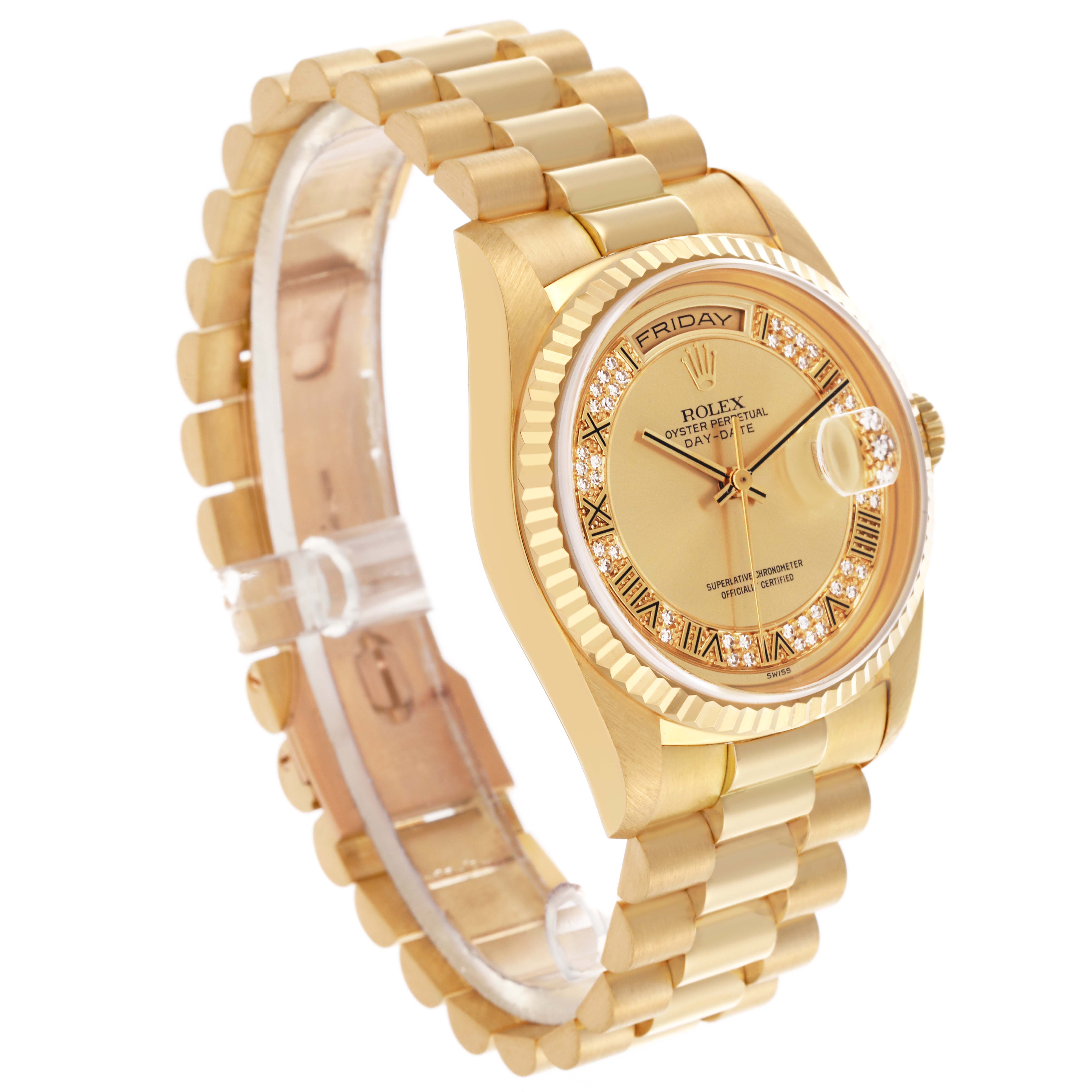 The Rolex President 18238MR Men
s Yellow Gold Champagne Dial 18238MR Men
s Yellow Gold Champagne Dial model watch is shown at a three-quarter angle, highlighting the bracelet, case, and face detailing.