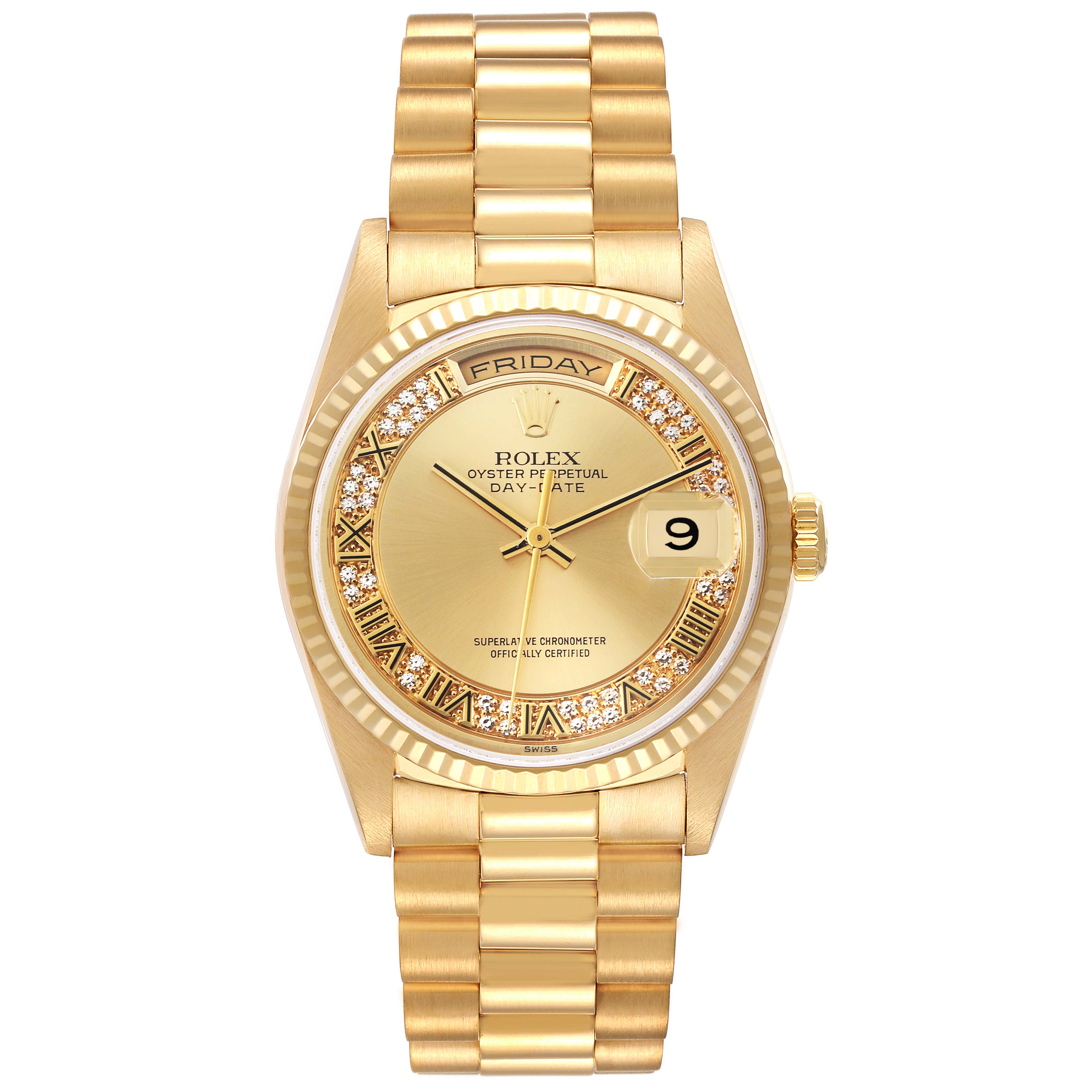 The Rolex President 18238MR Men
s Yellow Gold Champagne Dial 18238MR Men
s Yellow Gold Champagne Dial model watch is shown from a straight-on angle, displaying the full face, bezel, and bracelet.