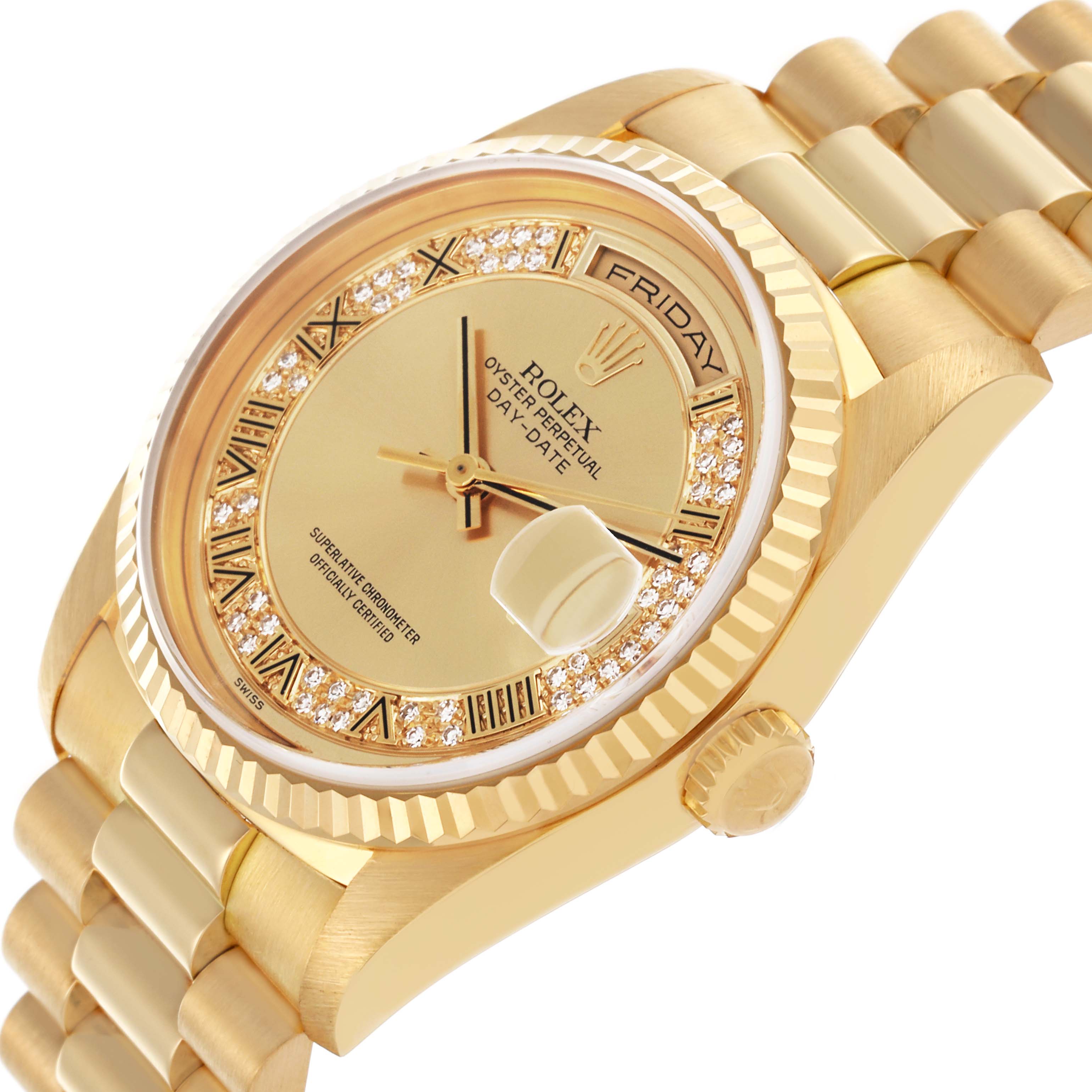 The Rolex President 18238MR Men
s Yellow Gold Champagne Dial 18238MR Men
s Yellow Gold Champagne Dial model is shown at an angled view, displaying the dial, bezel, bracelet, crown, and day window.