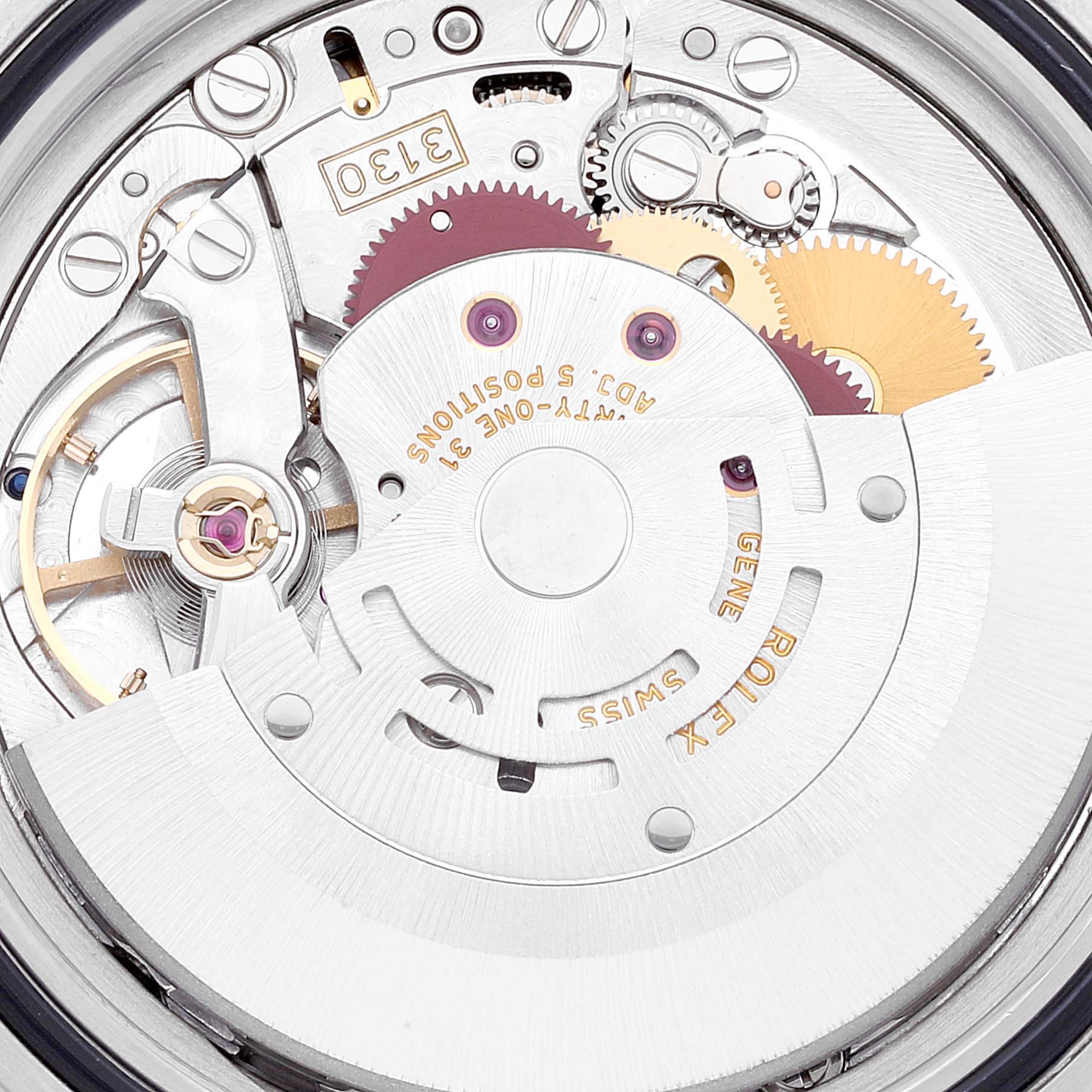 This close-up shot of the Rolex Submariner 14060M Men
s Stainless Steel Black Dial 14060M Men
s Stainless Steel Black Dial shows the intricate internal movement and gears.