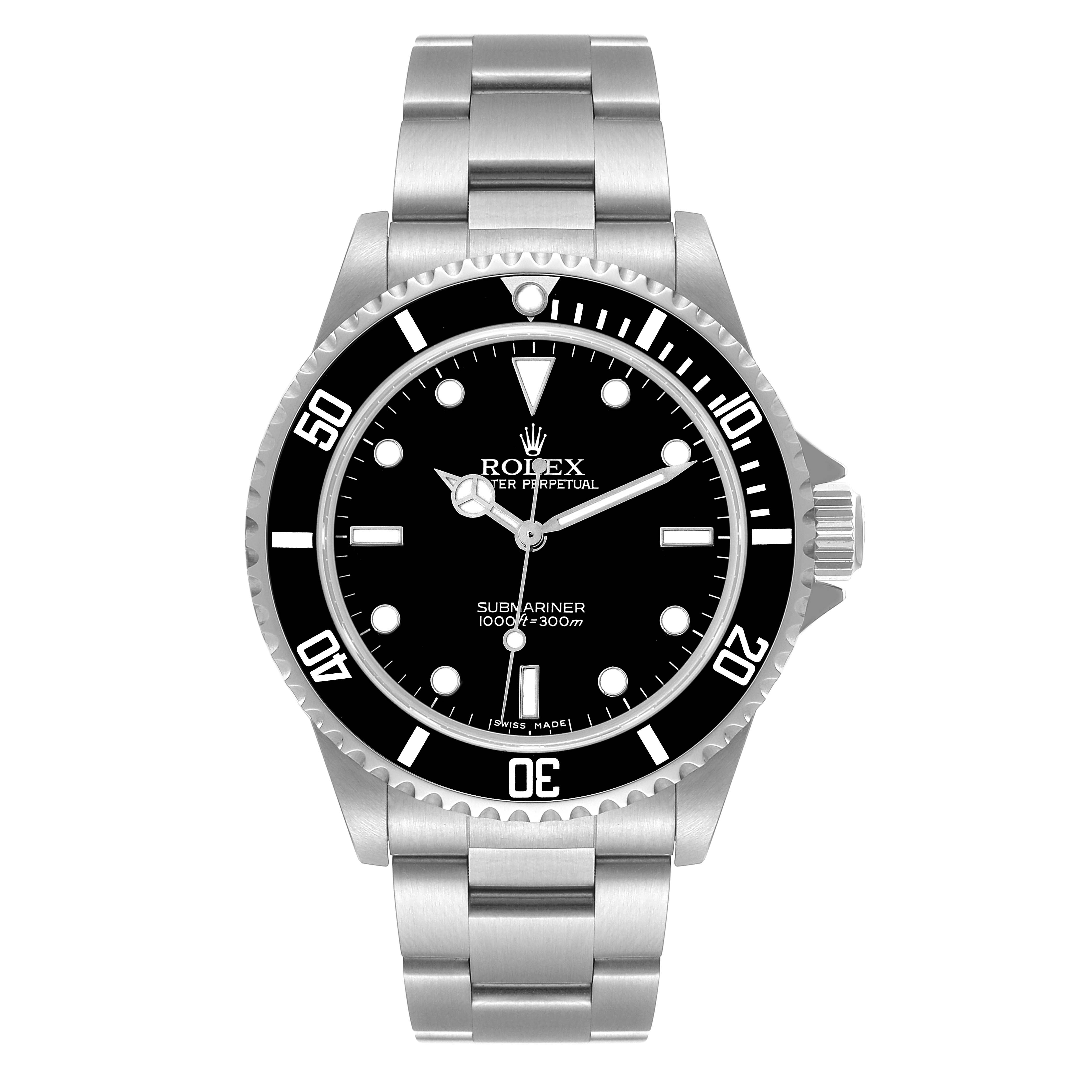 The image shows a front view of a Rolex Submariner 14060M Men
s Stainless Steel Black Dial 14060M Men
s Stainless Steel Black Dial watch, highlighting its dial, bezel, and bracelet.