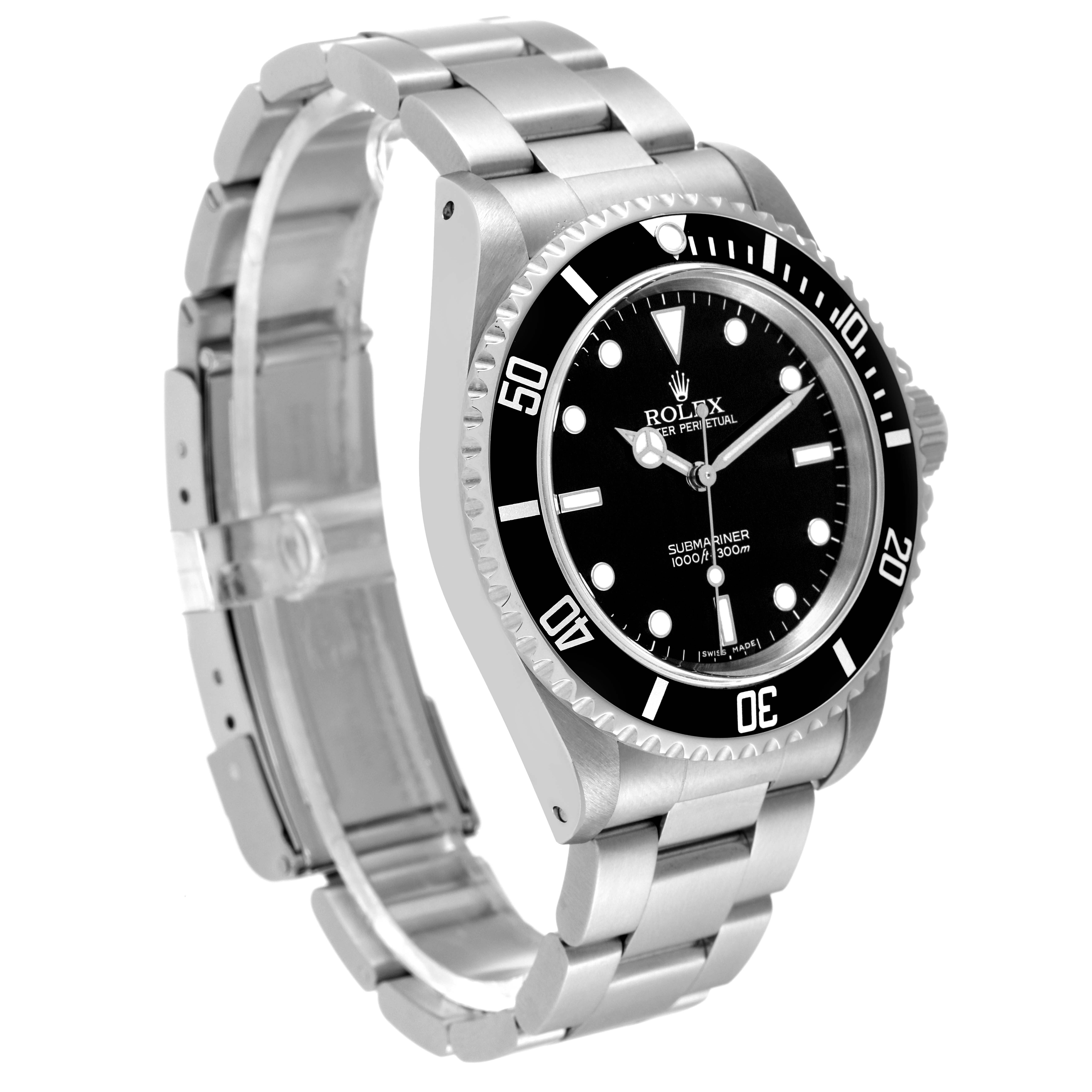 The image shows a side angle of a Rolex Submariner 14060M Men
s Stainless Steel Black Dial 14060M Men
s Stainless Steel Black Dial, highlighting its bezel, dial, and stainless steel bracelet.