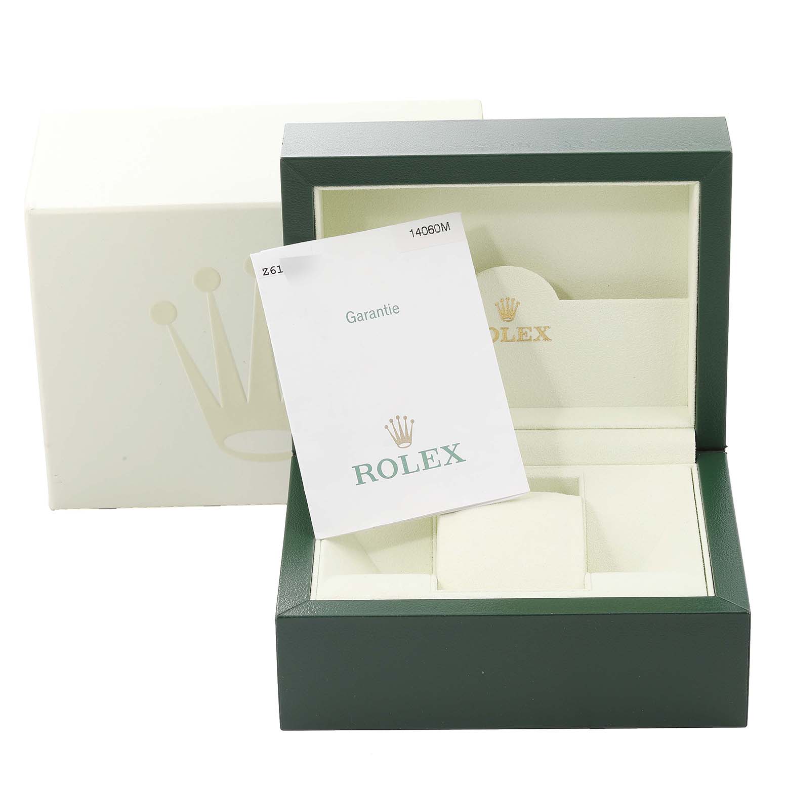 The image shows the packaging and warranty card for a Rolex Submariner 14060M Men
s Stainless Steel Black Dial 14060M Men
s Stainless Steel Black Dial, including the box and outer case.