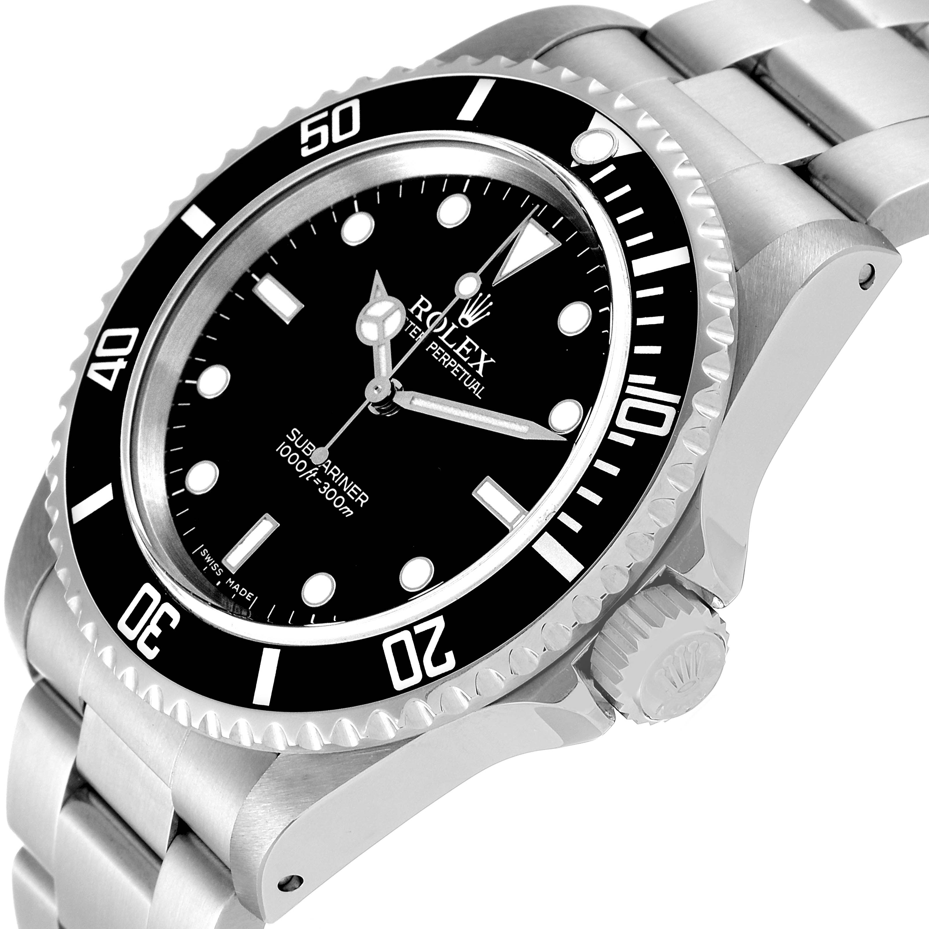 The image shows a close-up angled view of the Rolex Submariner 14060M Men
s Stainless Steel Black Dial 14060M Men
s Stainless Steel Black Dial watch highlighting its bezel, dial, crown, and bracelet.
