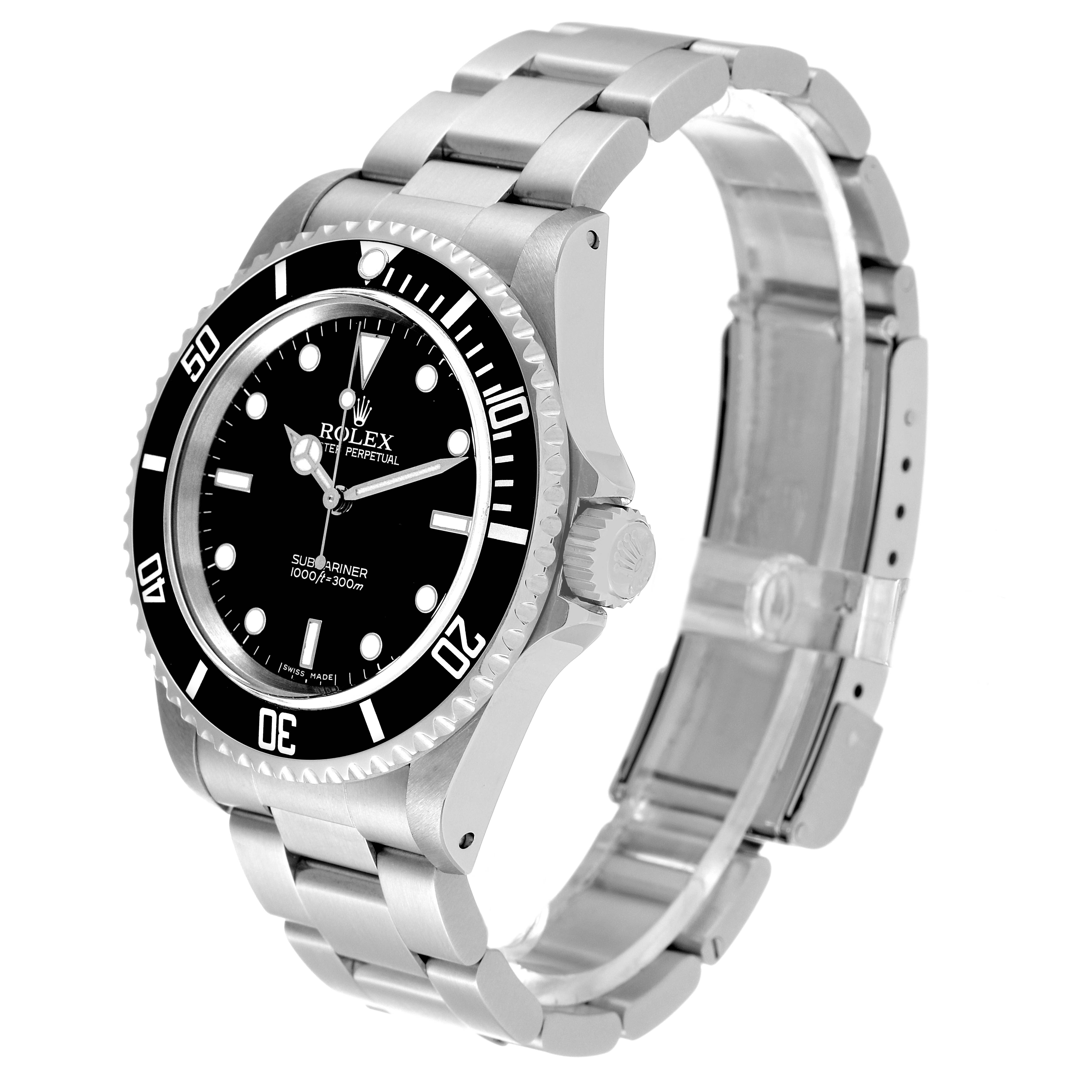The image shows a Rolex Submariner 14060M Men
s Stainless Steel Black Dial 14060M Men
s Stainless Steel Black Dial watch angled to display its face, bezel, crown, and metal bracelet.