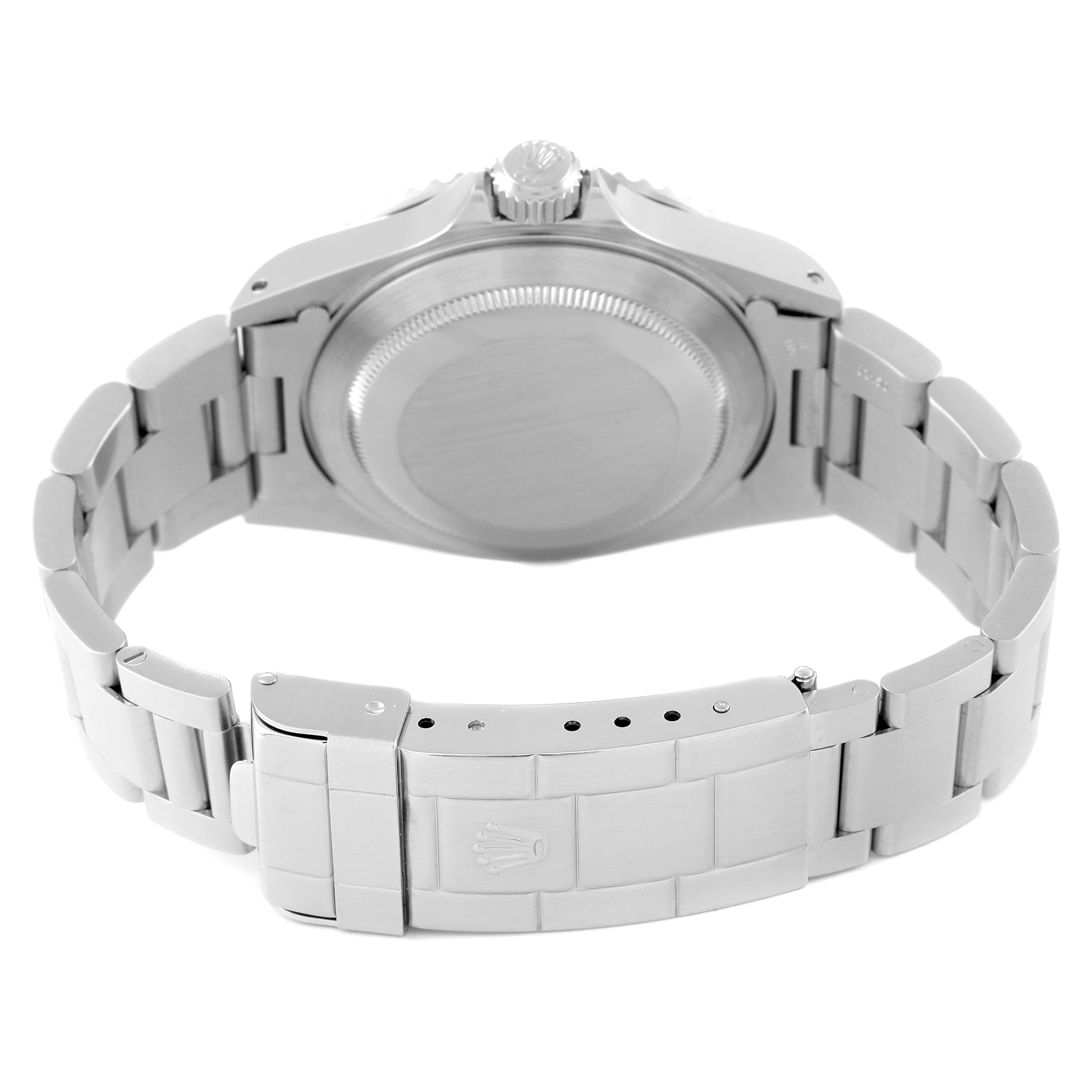 This image shows the case back, crown, and bracelet clasp of a Rolex Submariner 14060M Men
s Stainless Steel Black Dial 14060M Men
s Stainless Steel Black Dial watch from a rear angle.