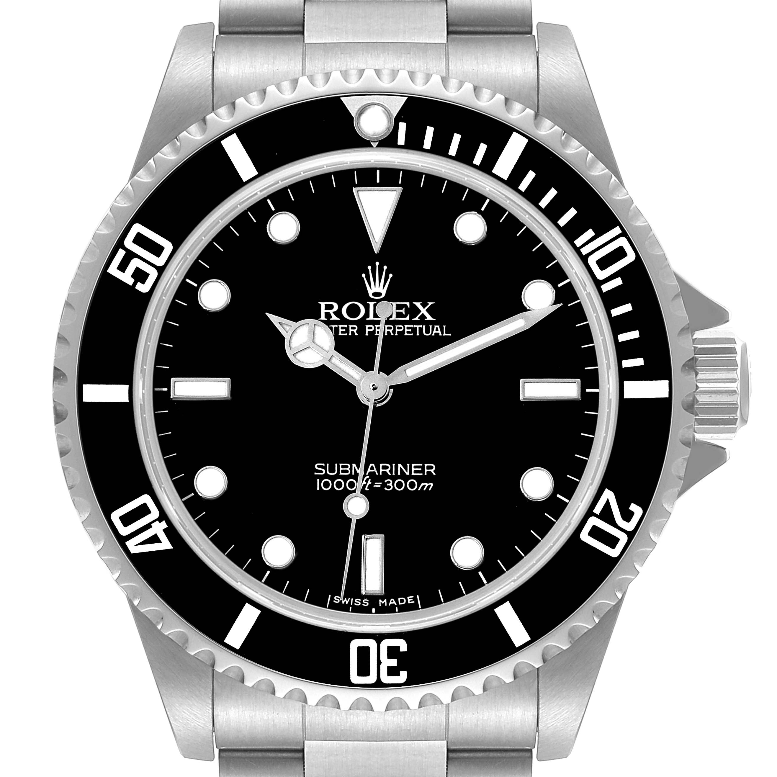 The Rolex Submariner 14060M Men
s Stainless Steel Black Dial 14060M Men
s Stainless Steel Black Dial watch is shown from a frontal angle, displaying its face, bezel, crown, and part of the bracelet.