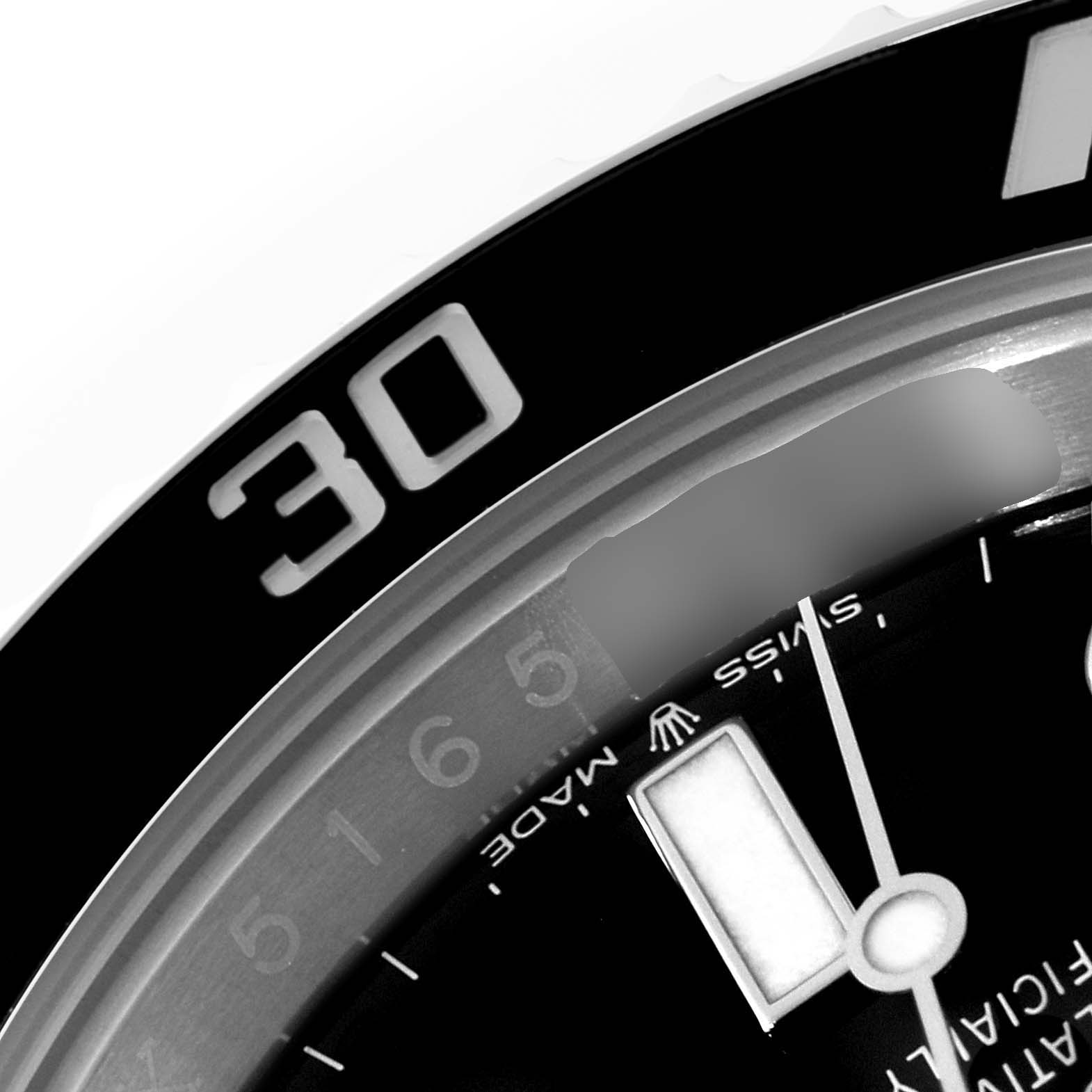 The image shows a close-up angle of the dial and bezel of a Rolex Submariner 126610 Men's Stainless Steel Black Dial 126610 Men's Stainless Steel Black Dial watch, highlighting the 30-minute mark.