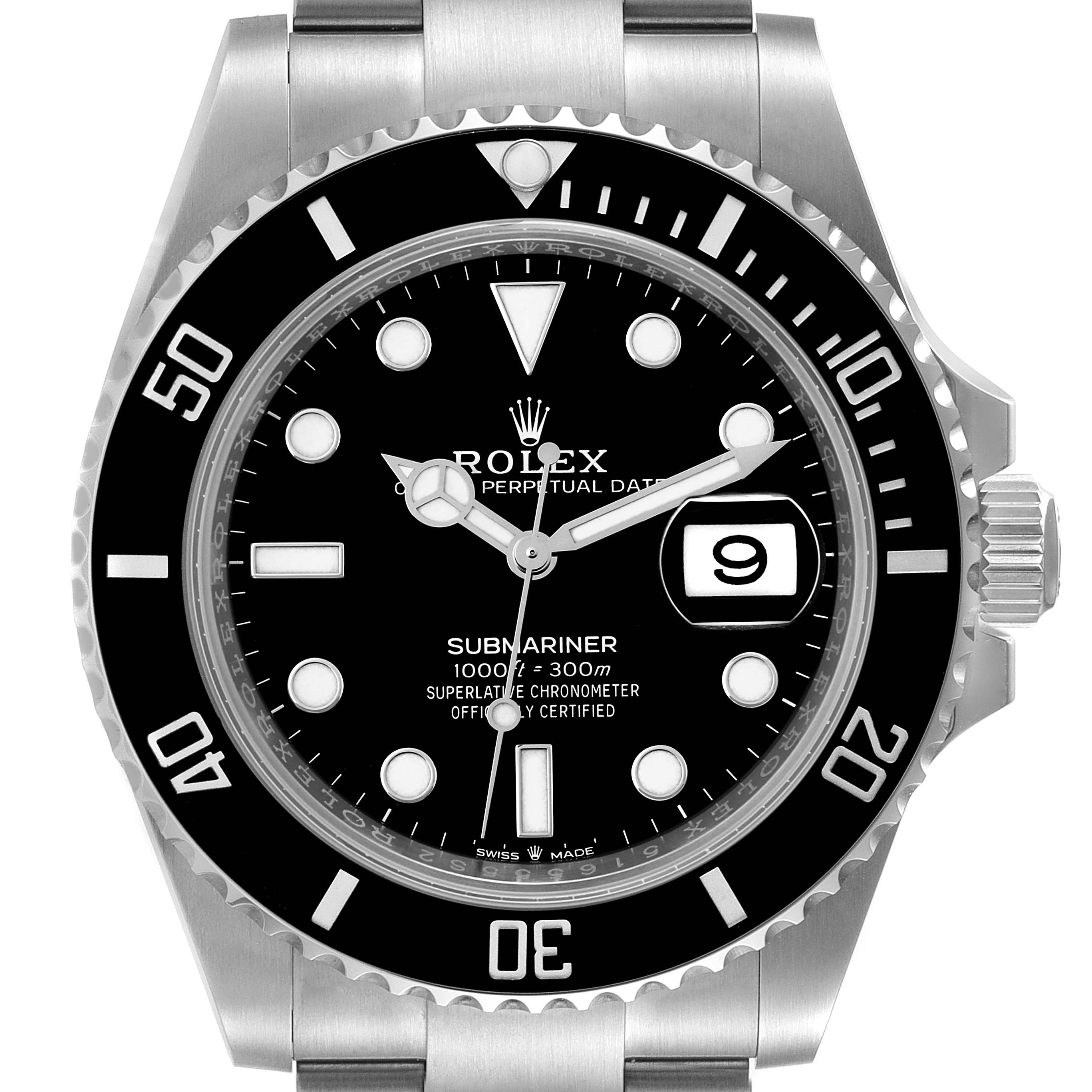 This image shows a front view of a Rolex Submariner 126610 Men's Stainless Steel Black Dial 126610 Men's Stainless Steel Black Dial watch, displaying the dial, bezel, and part of the bracelet.