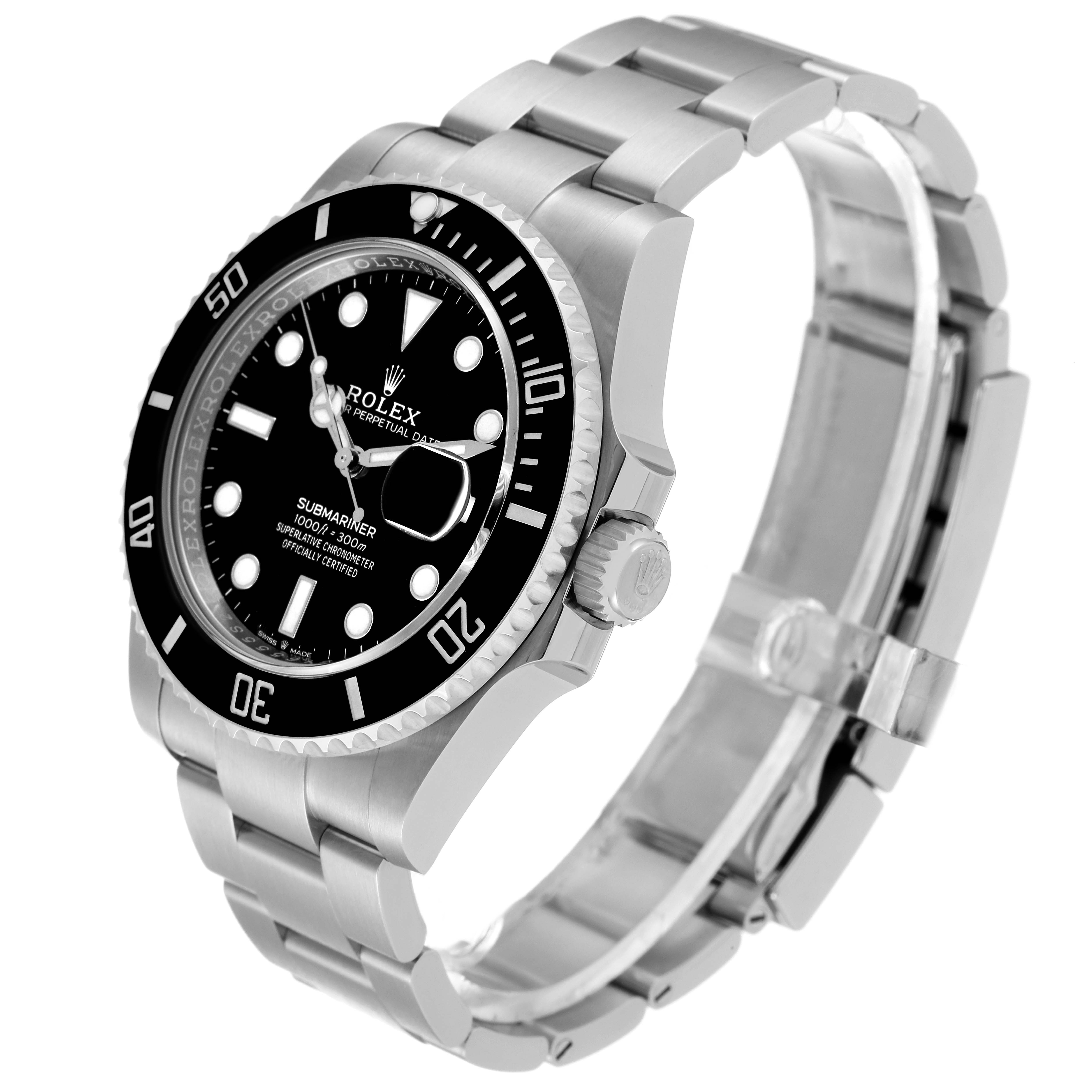 This image shows a Rolex Submariner 126610 Men's Stainless Steel Black Dial 126610 Men's Stainless Steel Black Dial watch at a high-angle view, highlighting the face, bezel, crown, and stainless steel bracelet.