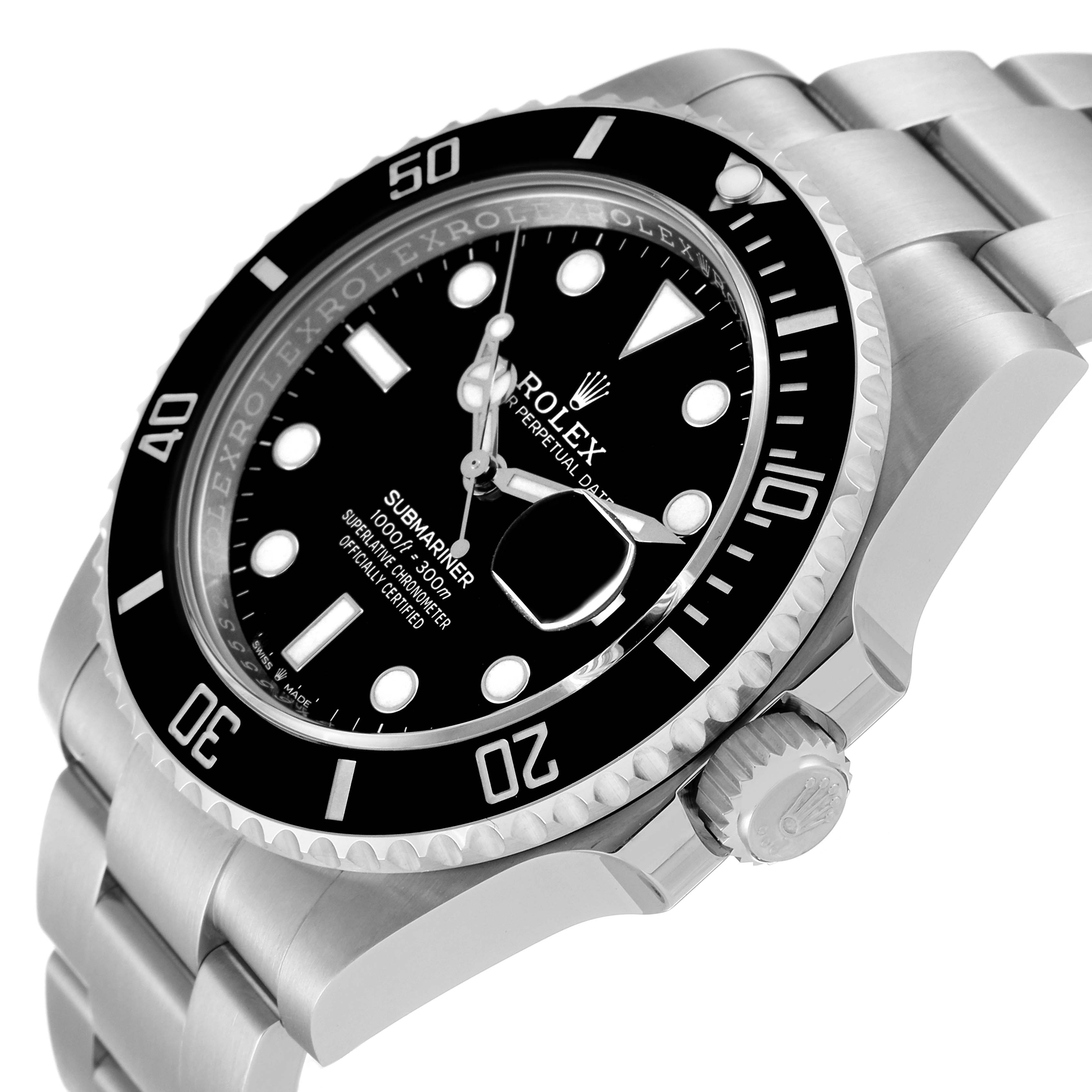 The image shows a Rolex Submariner 126610 Men's Stainless Steel Black Dial 126610 Men's Stainless Steel Black Dial watch at an angled close-up, highlighting the bezel, crown, dial, and part of the bracelet.